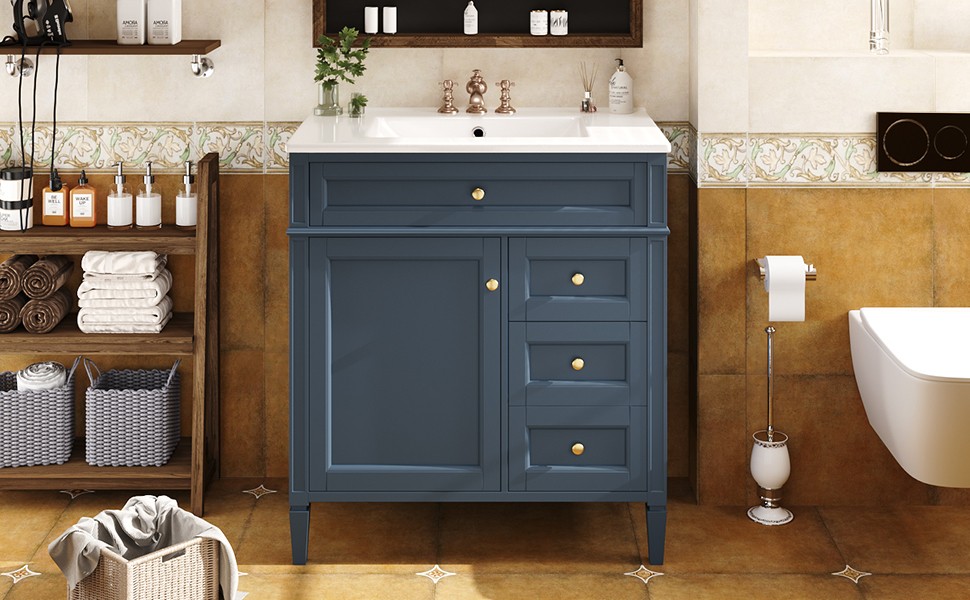 30″ Bathroom Vanity with Sink, 2 Drawers & Tip-Out Drawer, Blue