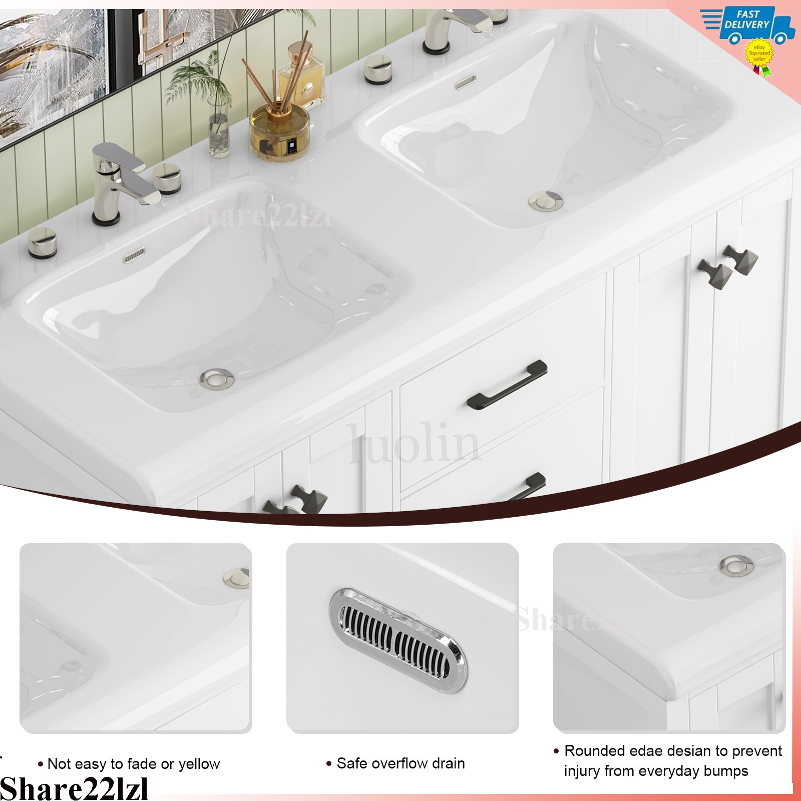 47″ Double Bathroom Vanity Wood Cabinet with Ceramic Sink Combo Set Freestanding