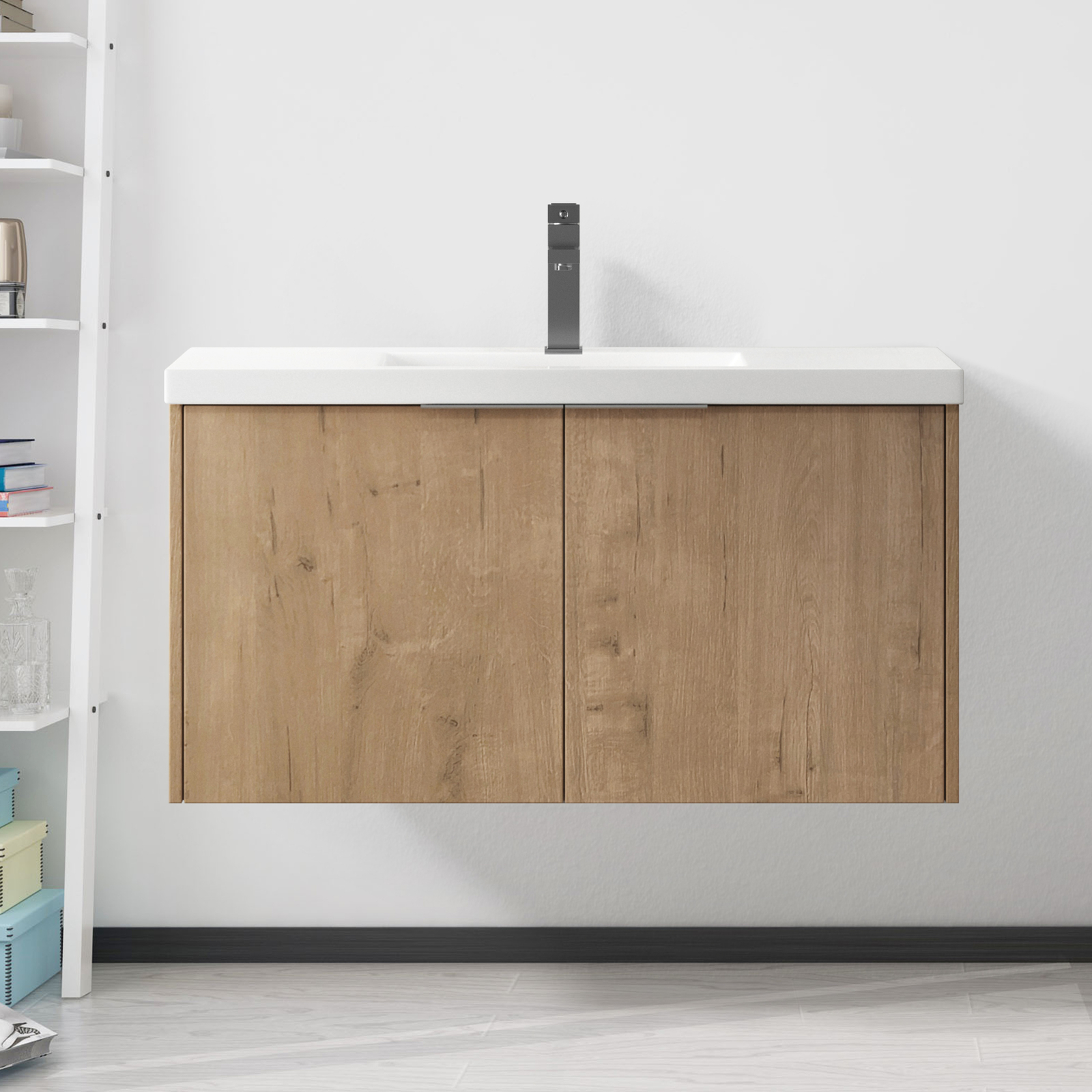 Bathroom Vanity with Sink Wall Mounted Wood Vanity and Resin Sink with 2 Doors
