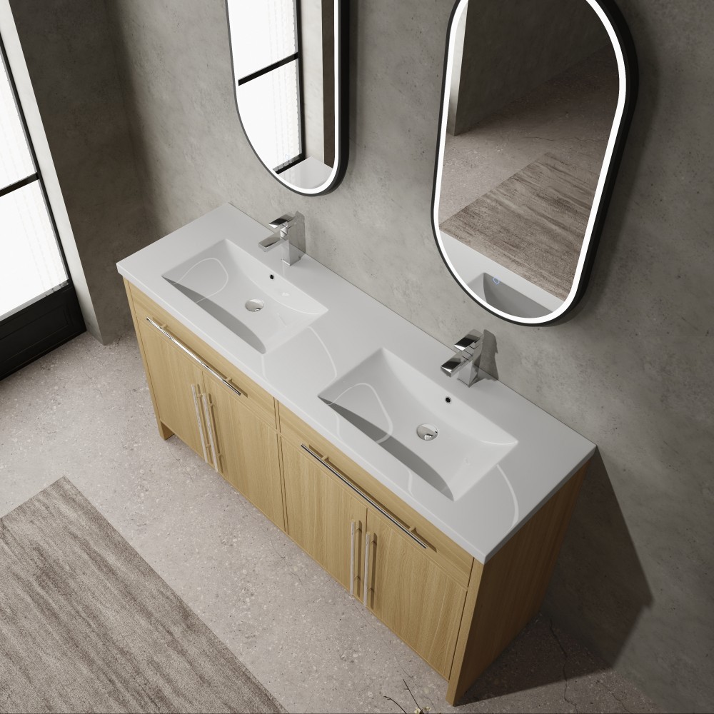 60 inch Plywood Bathroom Vanity Freestanding Double Resin Sink Storage W/2 Doors