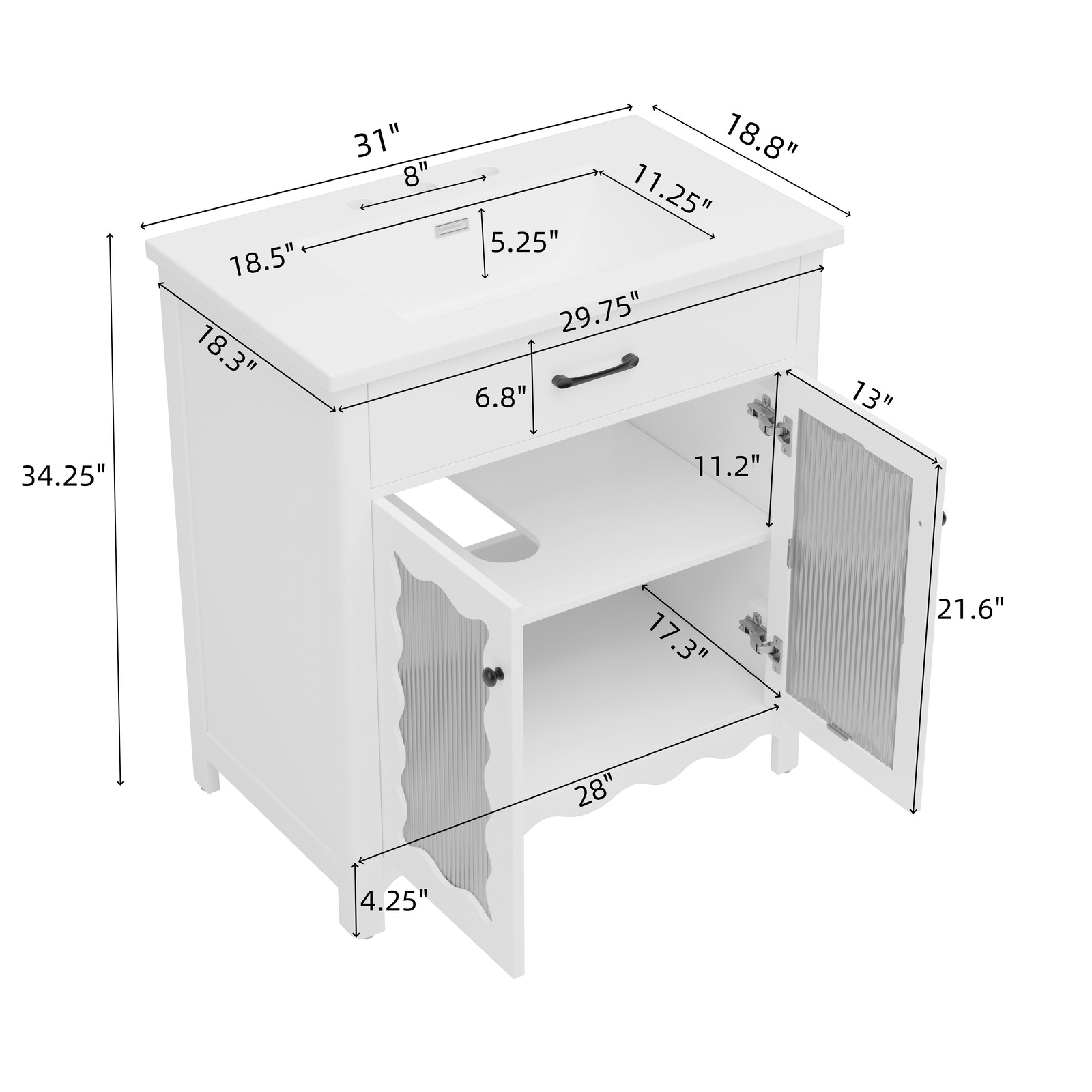 31″ Bathroom Vanity w/Tempered Glass,Modern Bathroom Cabinet w/Soft close Doors