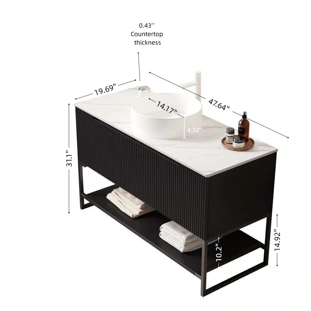 48″ Bathroom Vanity with Sink Vessel Basin Sintered Stone Countertop Black