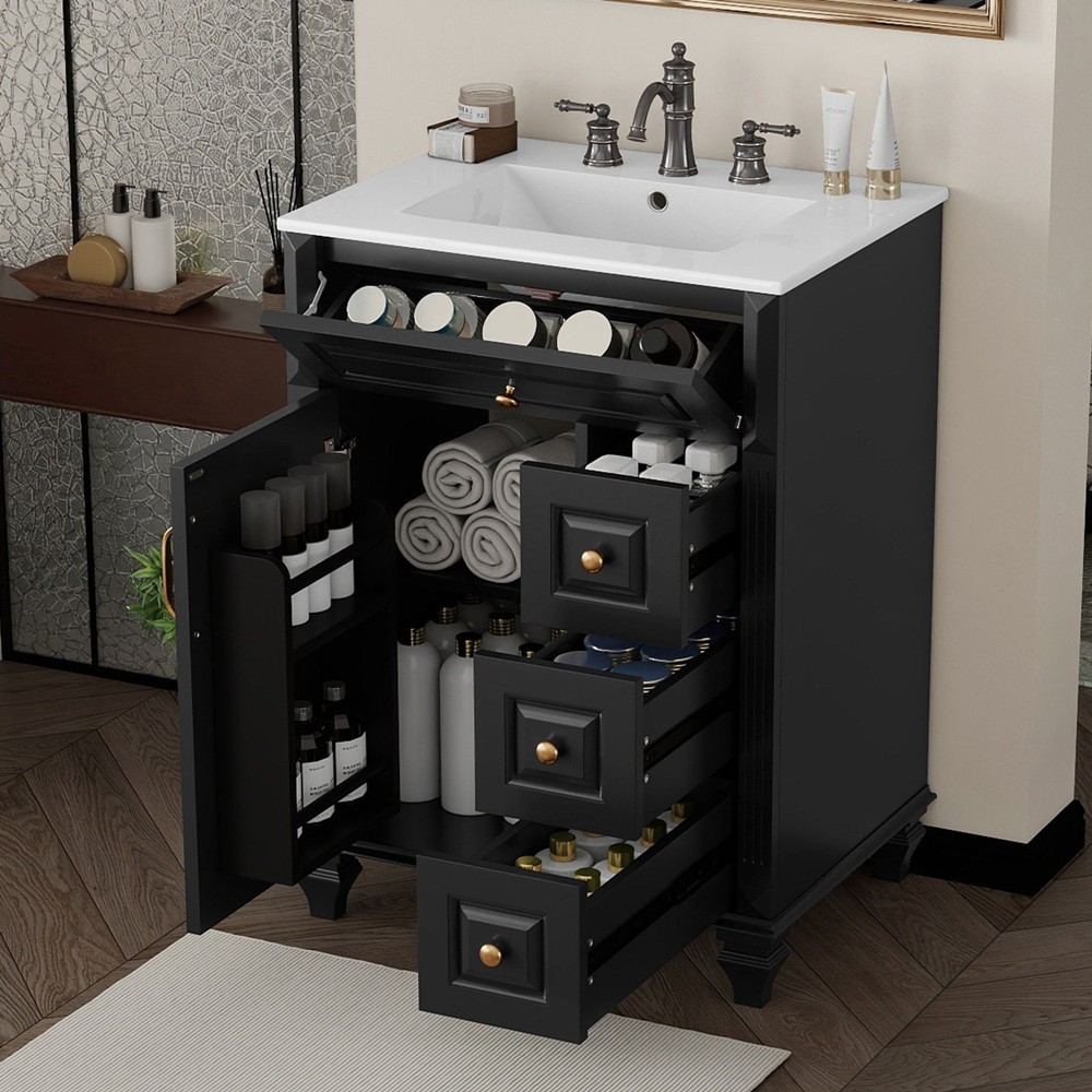24″ Bathroom Vanity with Sink, Freestanding Vanity Storage Cabinet, 3 Drawers