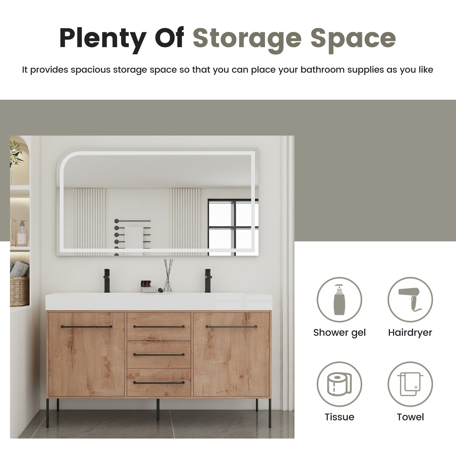 60 in Freestanding Bathroom Vanity White Double Resin Sink 2 Doors 3 Drawers