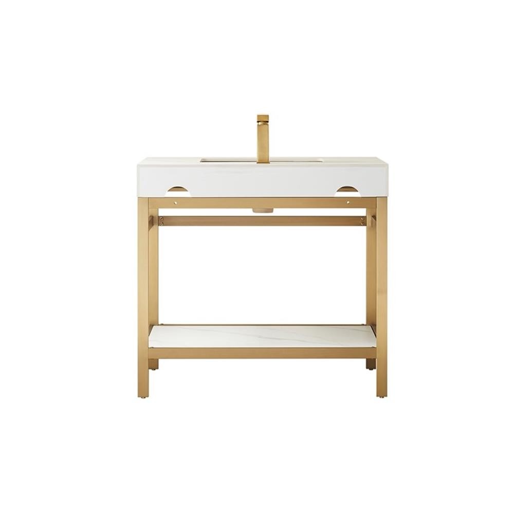 Funes 36″ Single Sink Bathroom Vanity in Brushed Gold Frame White Top w/ Mirror