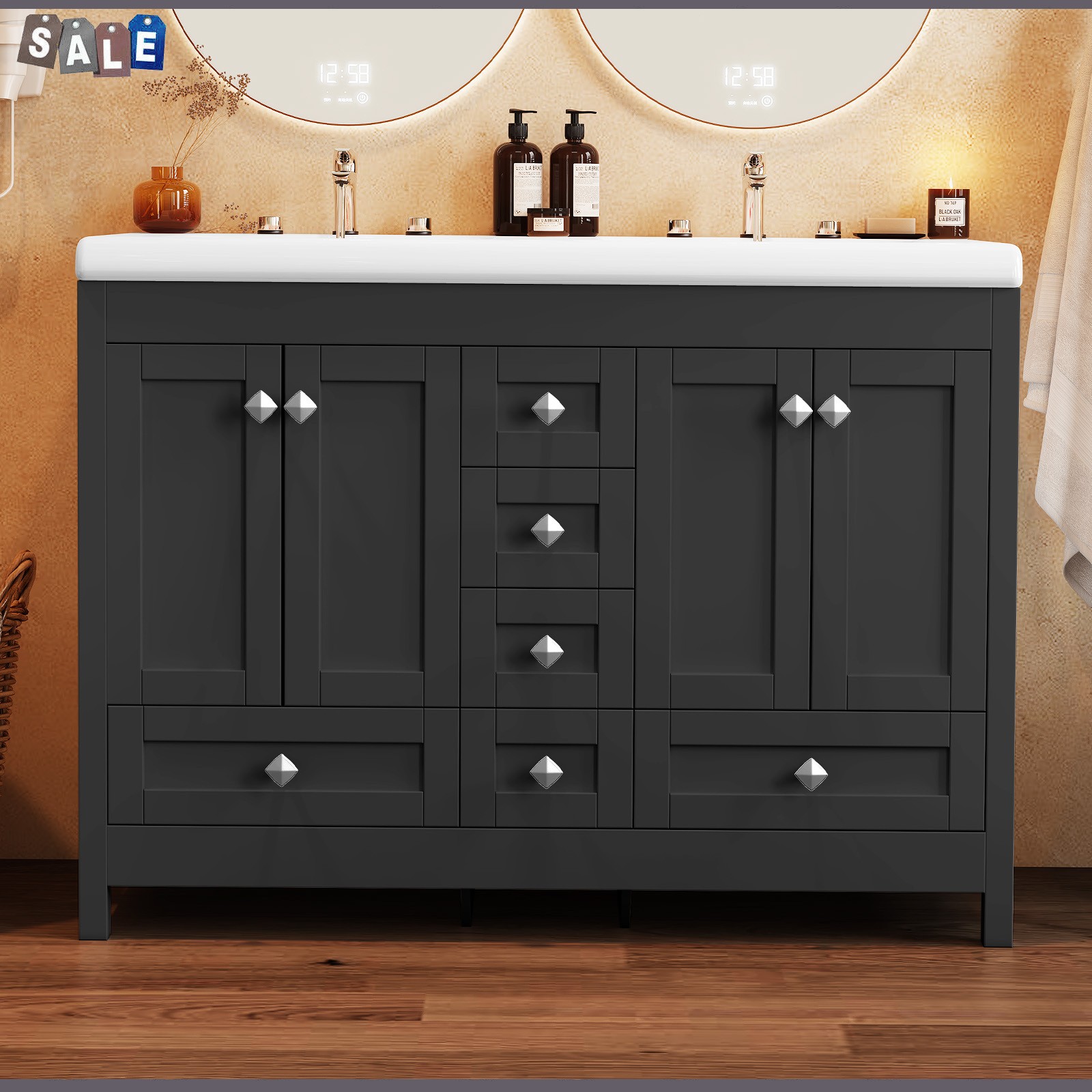 5 Drawers Bathroom Vanity Cabinet with Double Sink Ceramic Freestanding