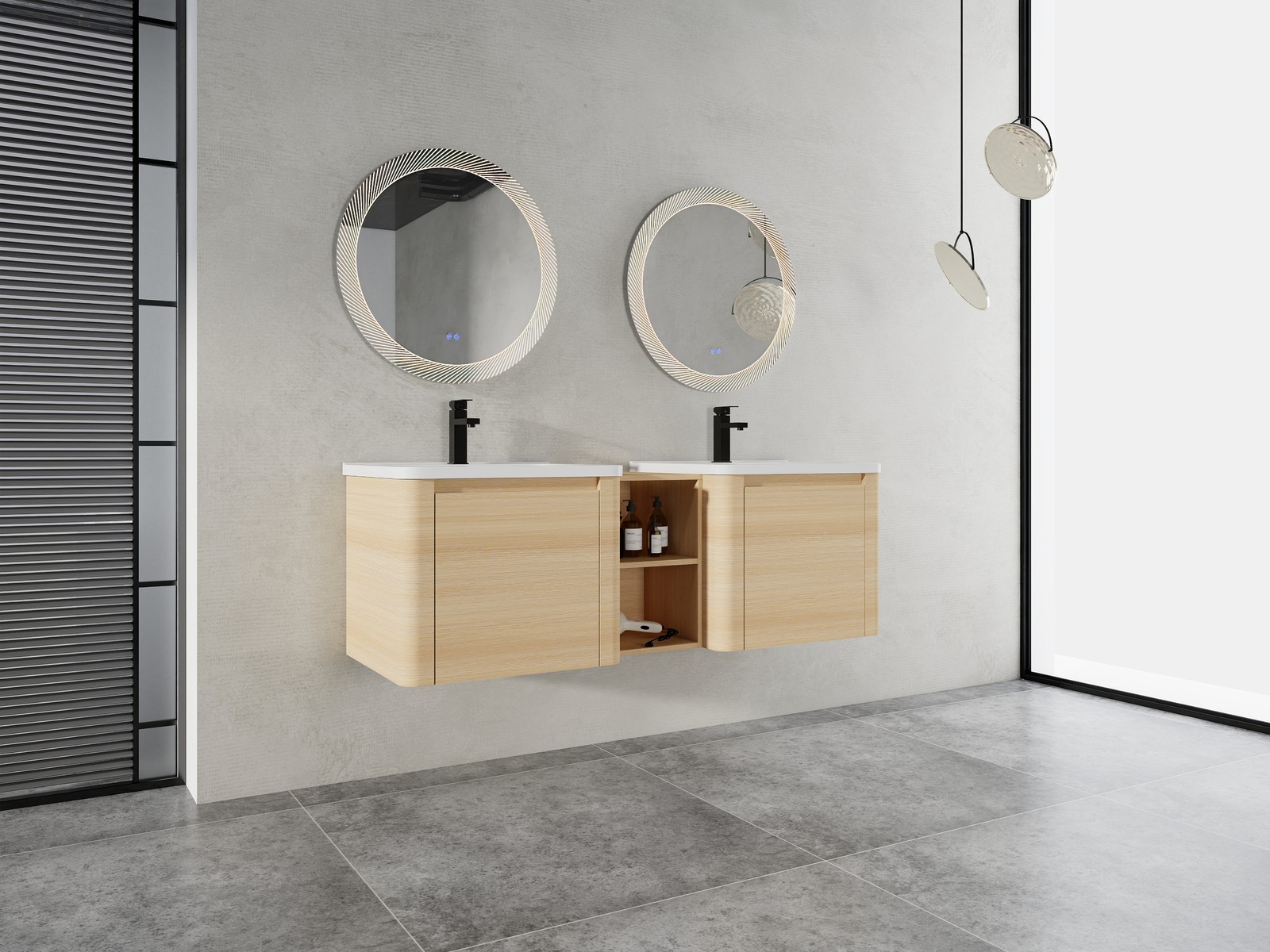 60in Plywood Wall-Mounted Bathroom Vanity W/ 2x White Ceramic Sink and Shelves