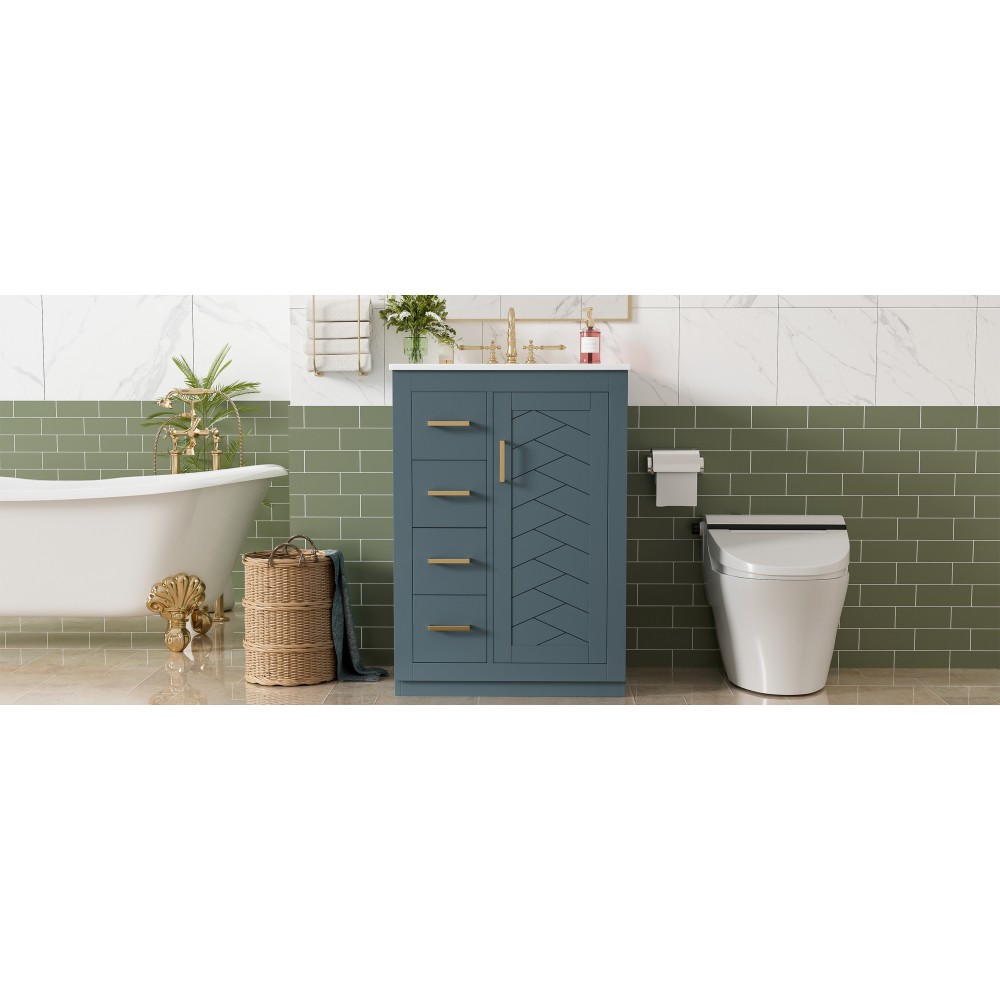 24 Inch Single Sink Bathroom Vanity Ceramic Top Drawers Storage Cabinet