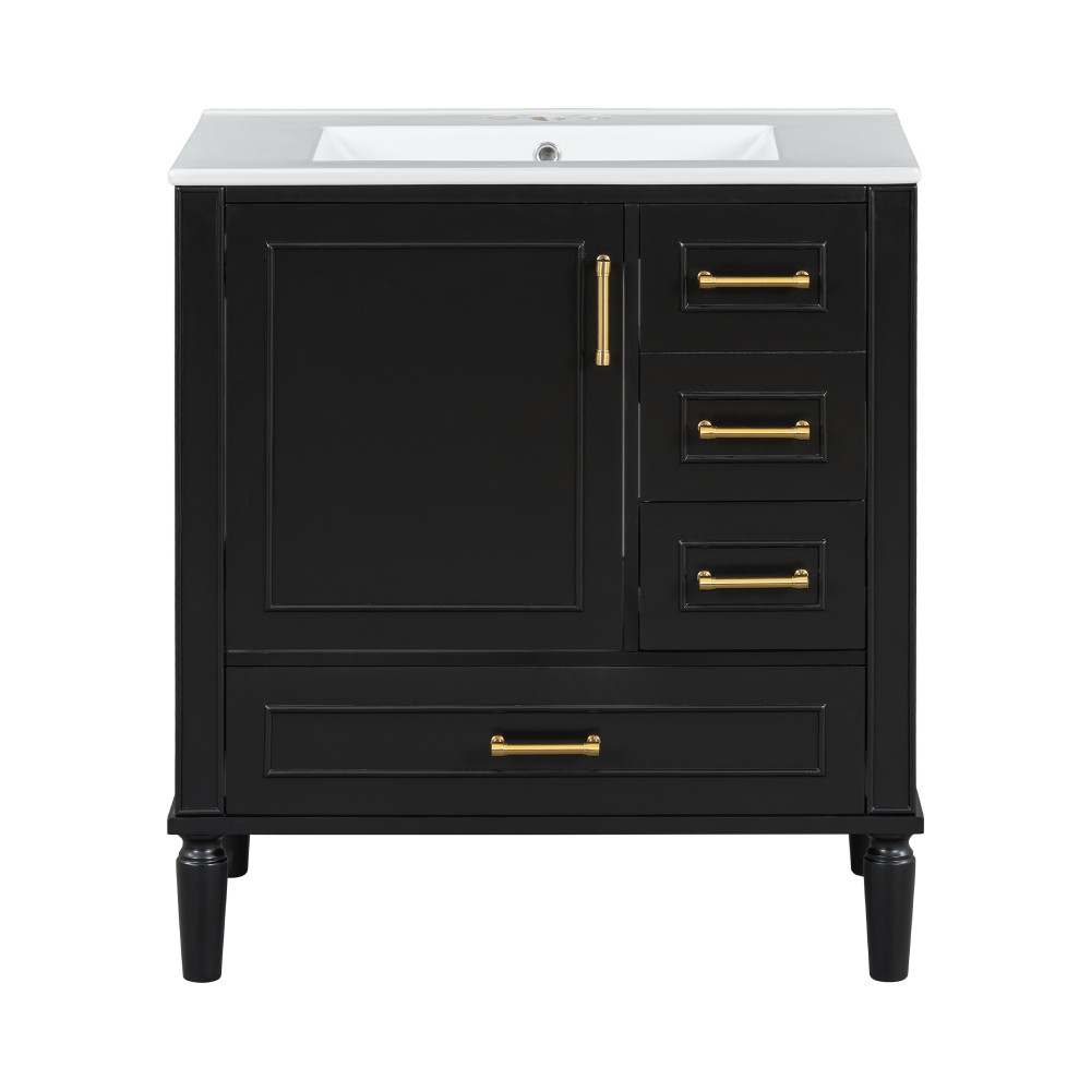 30 in Bathroom Vanity Ceramic Sink Soft Close Door 3 Drawer Gold Handle Storage