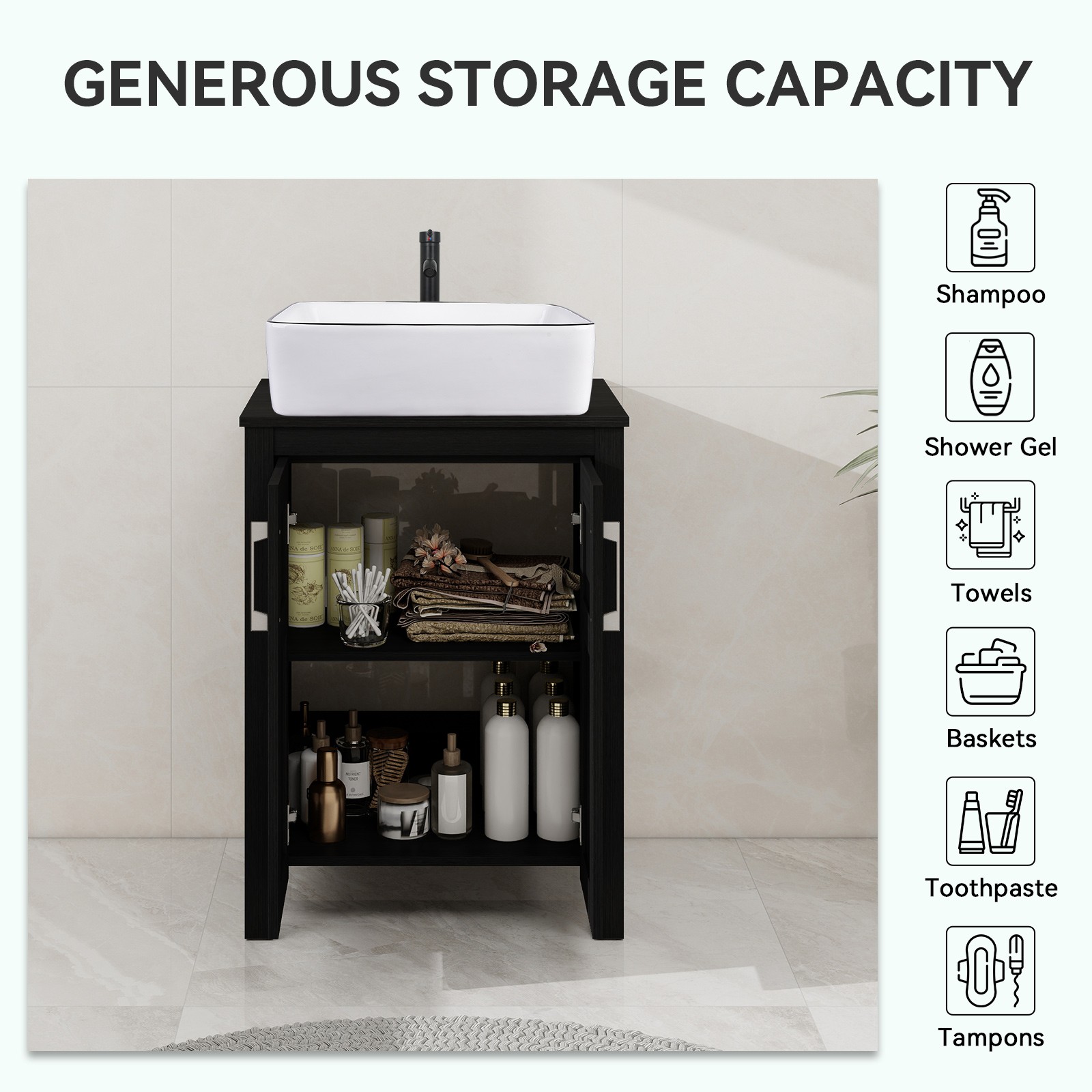 Bathroom Vanity Cabinet With Drawers Mirror Vessel Sink ORB Faucet Set Combo B&W