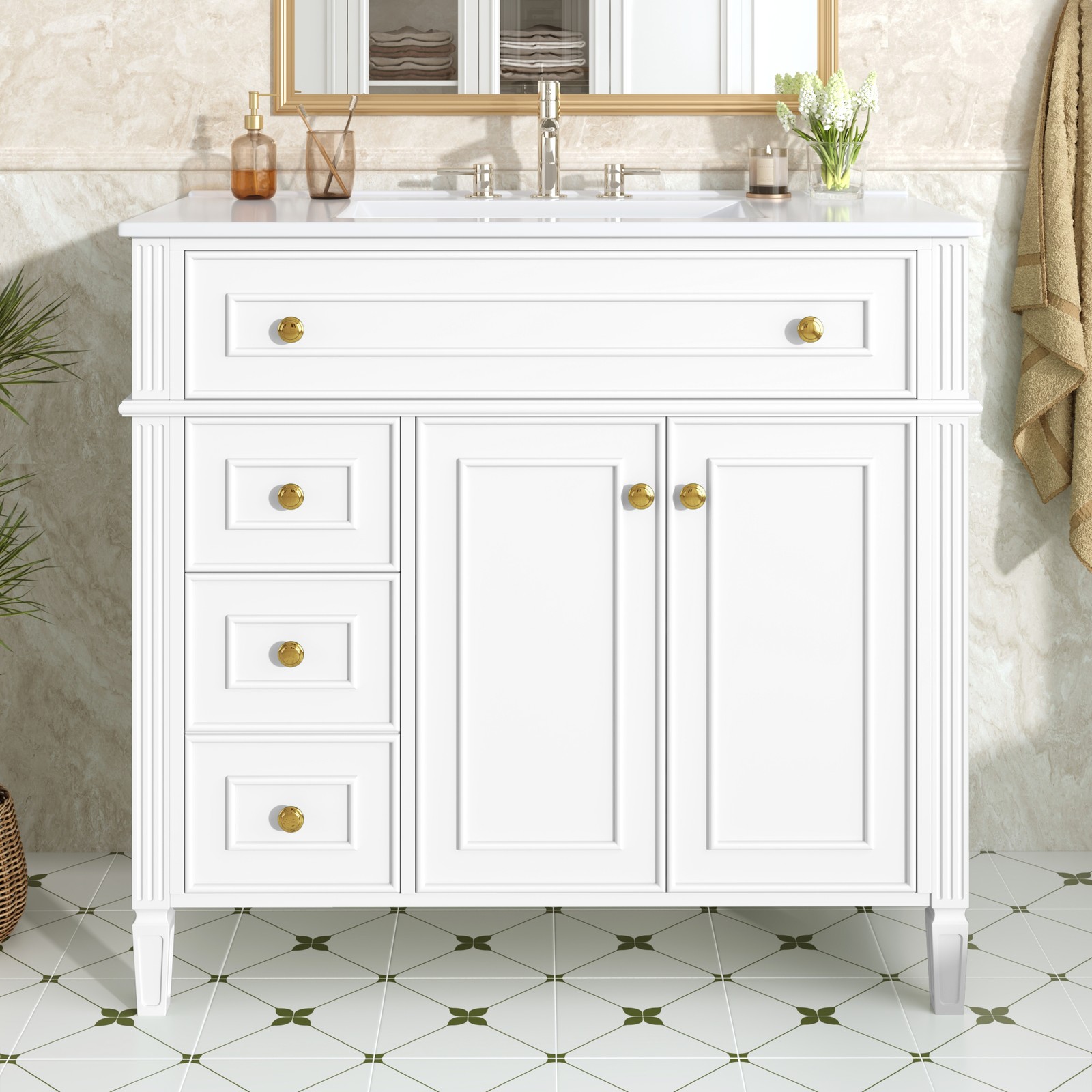 36″ Bathroom Vanity with Sink, White Solid Wood Cabinet, Gold Handles