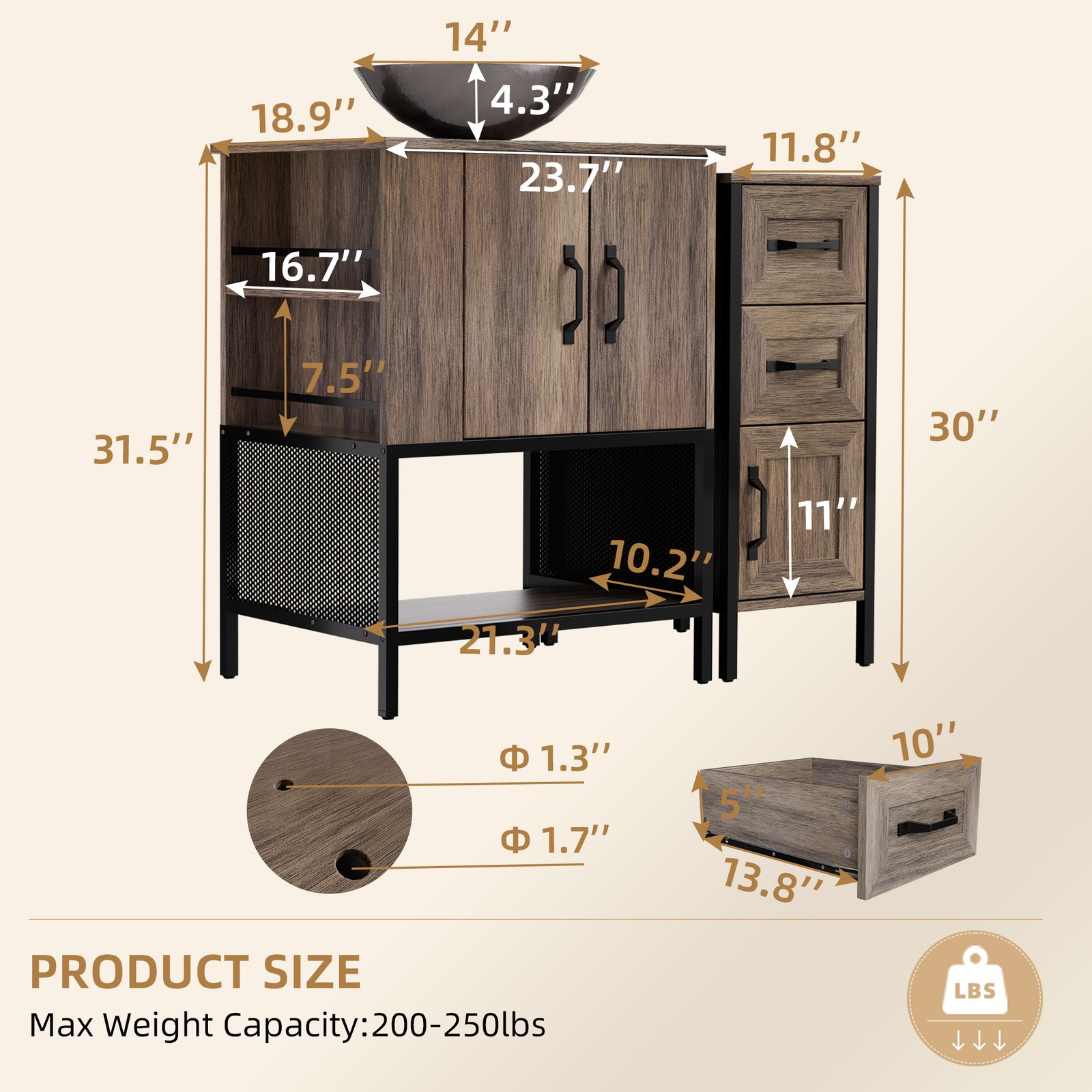 36″ Bathroom Vanity with Sink Open Shelves and 3 Storage Drawers Side Cabinet