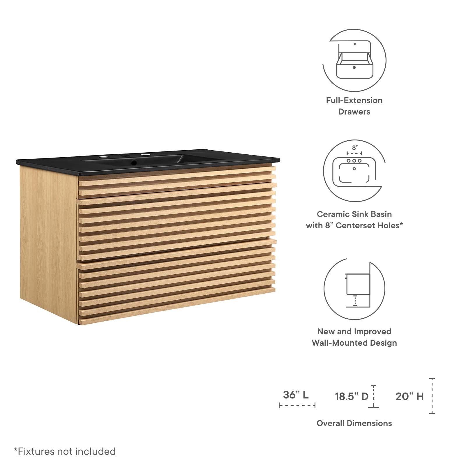 Modway Render 36″ Wall-Mount Bathroom Vanity in Oak Black