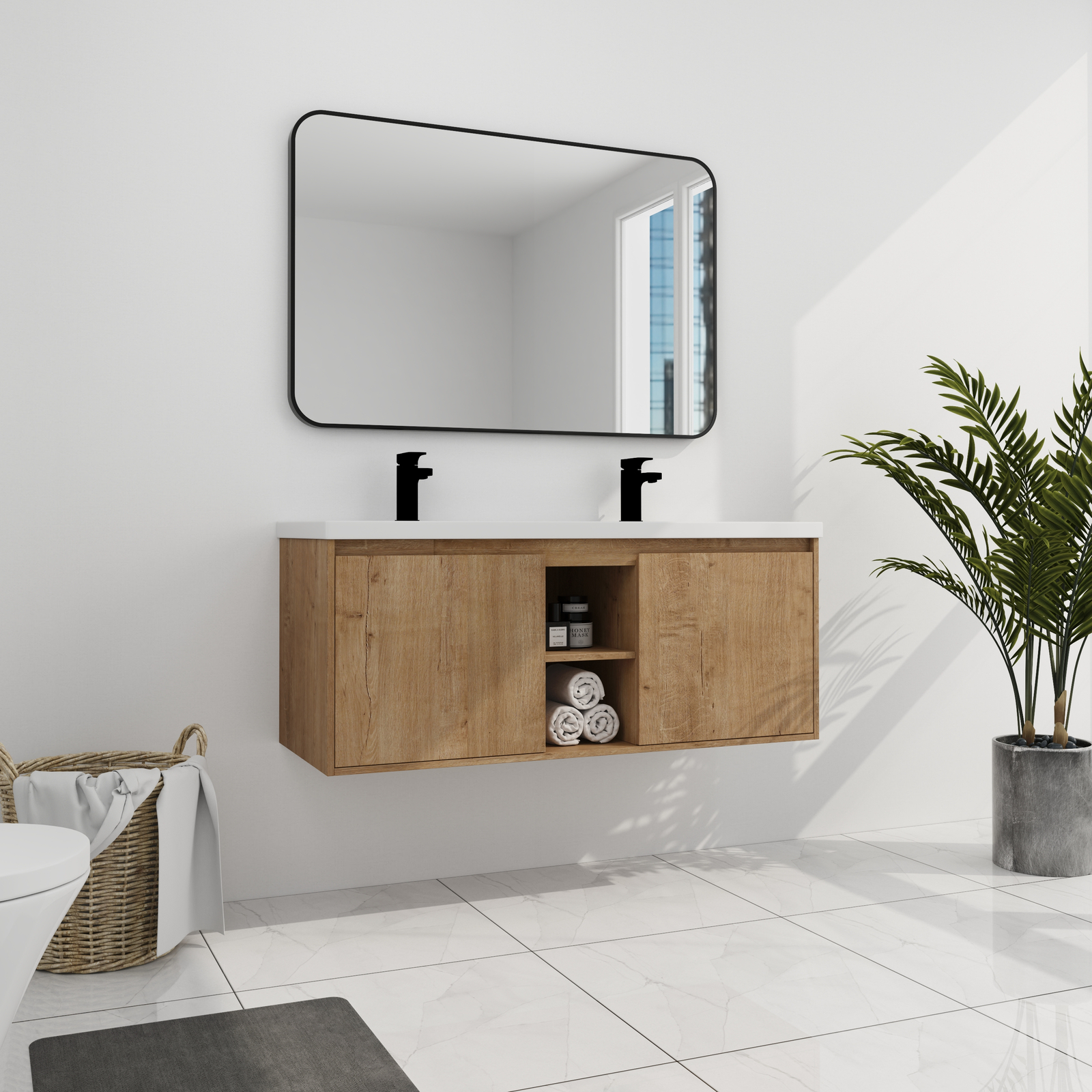 48″ Plywood Wall Mounted Bathroom Vanity With Double Sink Basin 2 Doors Storage