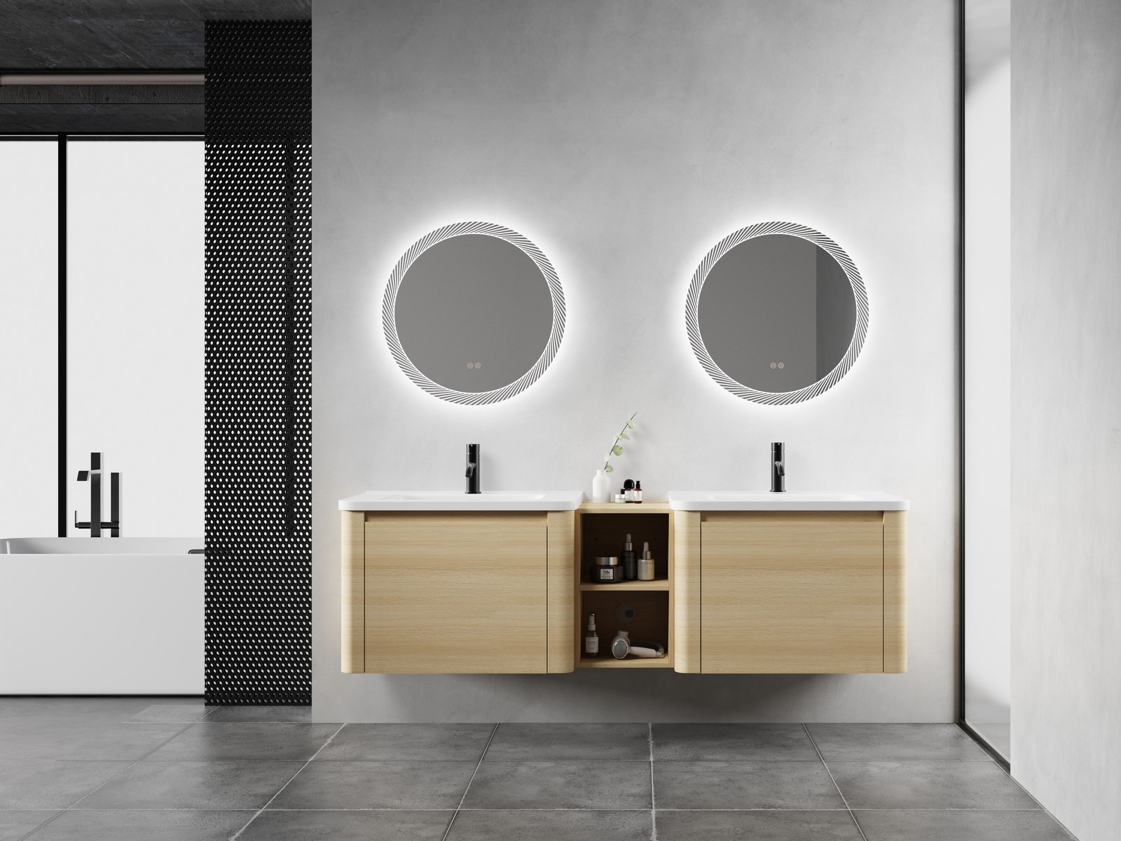 68in Plywood Wall-Mounted Bathroom Vanity W/ 2x White Ceramic Sink and Shelves