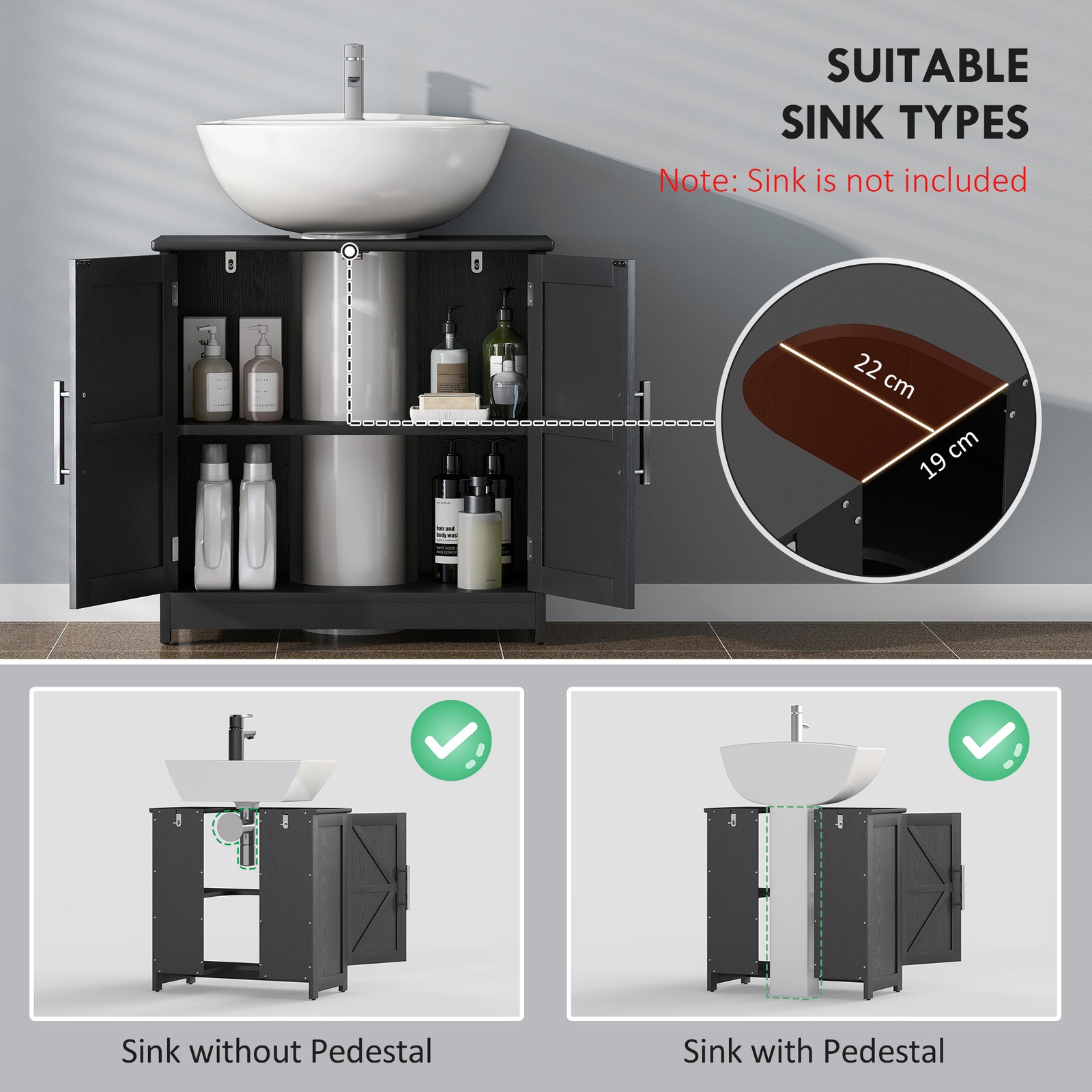 Pedestal Sink Storage Cabinet, Bathroom Sink Cabinet, Black