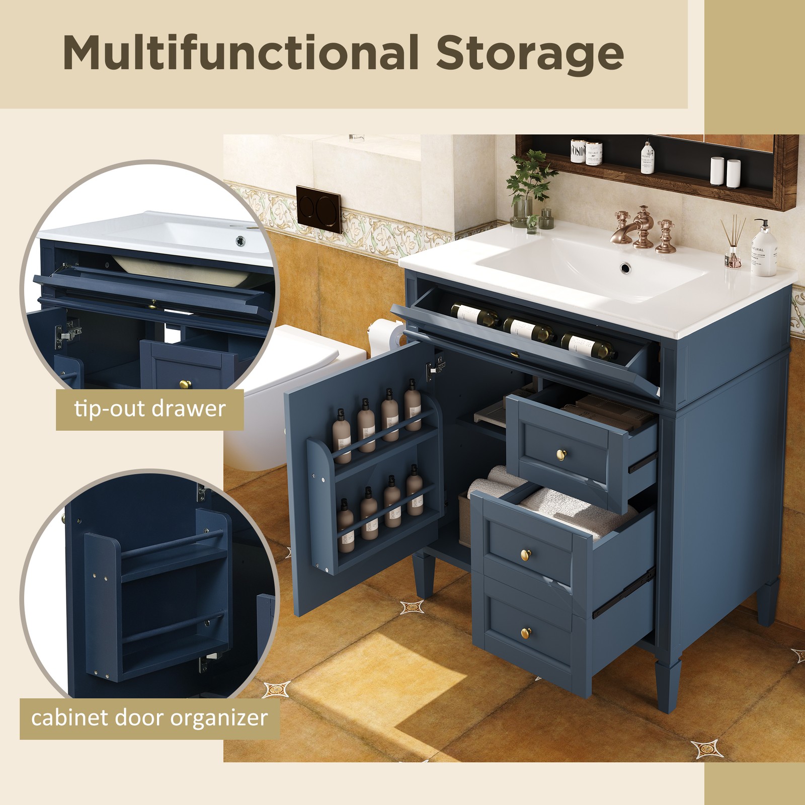 30″ Bathroom Vanity with Sink, 2 Drawers & Tip-Out Drawer, Blue