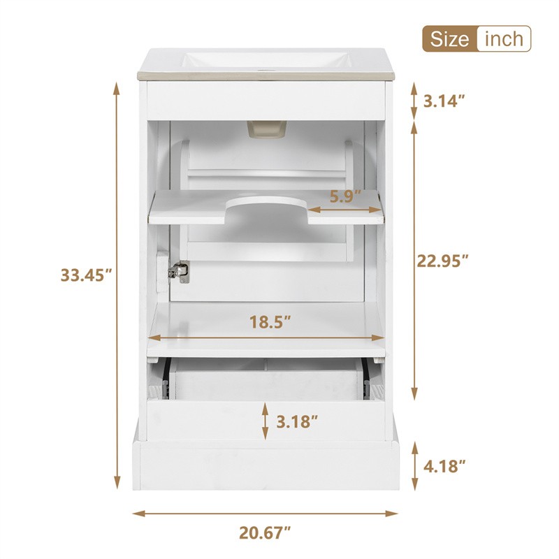 20 In Modern Bathroom Vanity with Ceramic Sink,Soft Close Door,Adjustable Shelf
