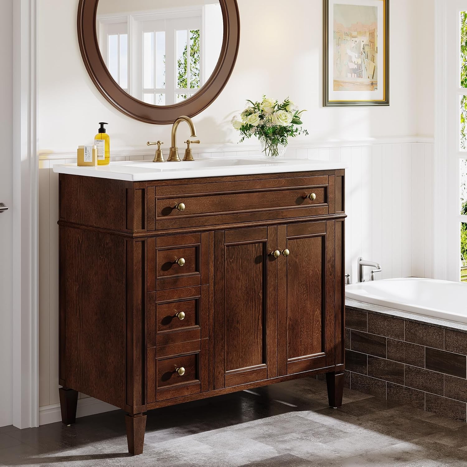 36 inch Bathroom Vanity With Sink Wood Bathroom Cabinet with 4 Drawers & 2 Doors