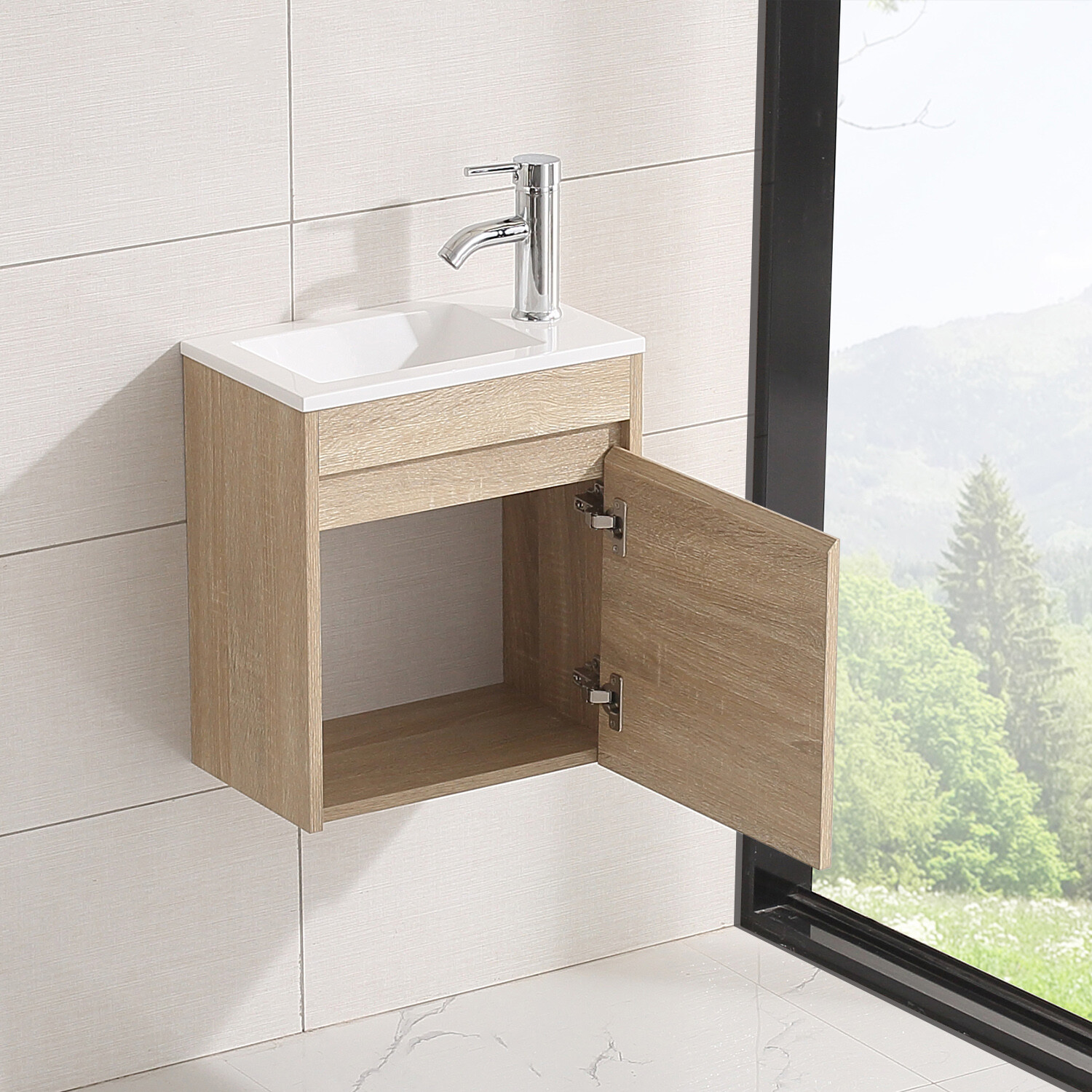 16″ Bathroom Vanity Wall Mounted Cabinet w/Sink Faucet Combo for Small Room