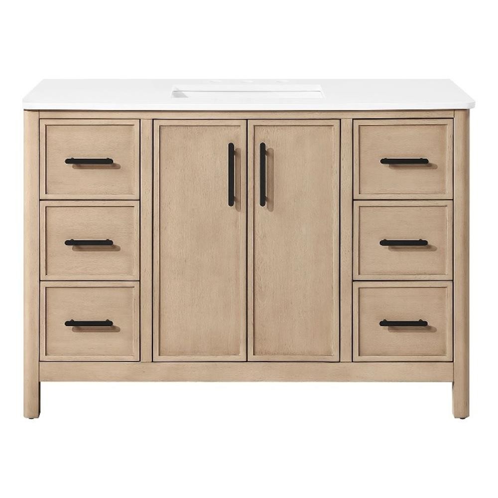 Solas 48″ Bathroom Vanity in Sahara Birch with White Countertop