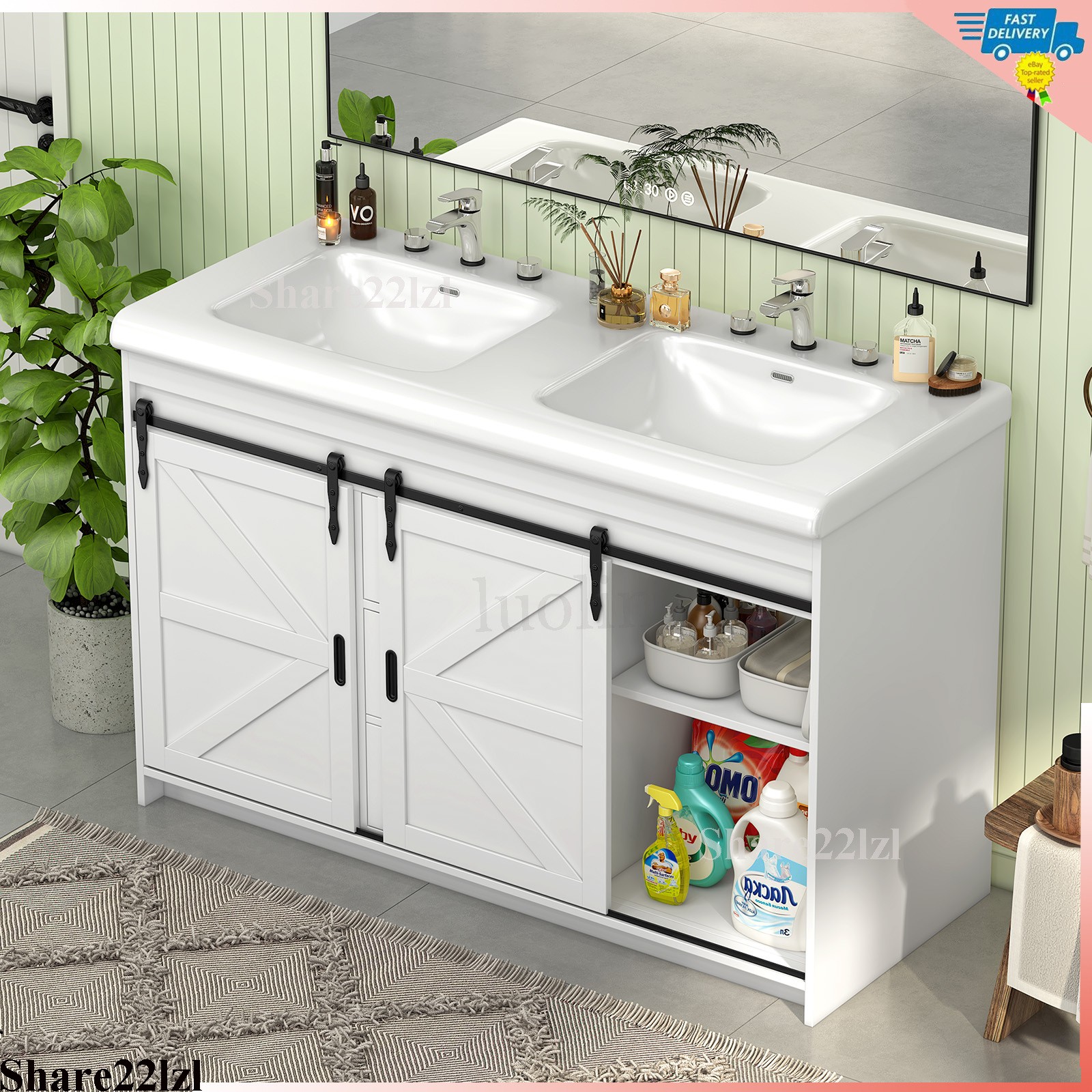 47Inch Bathroom Vanity Modern Bathroom Storage Cabinet with Double Ceramic Sink