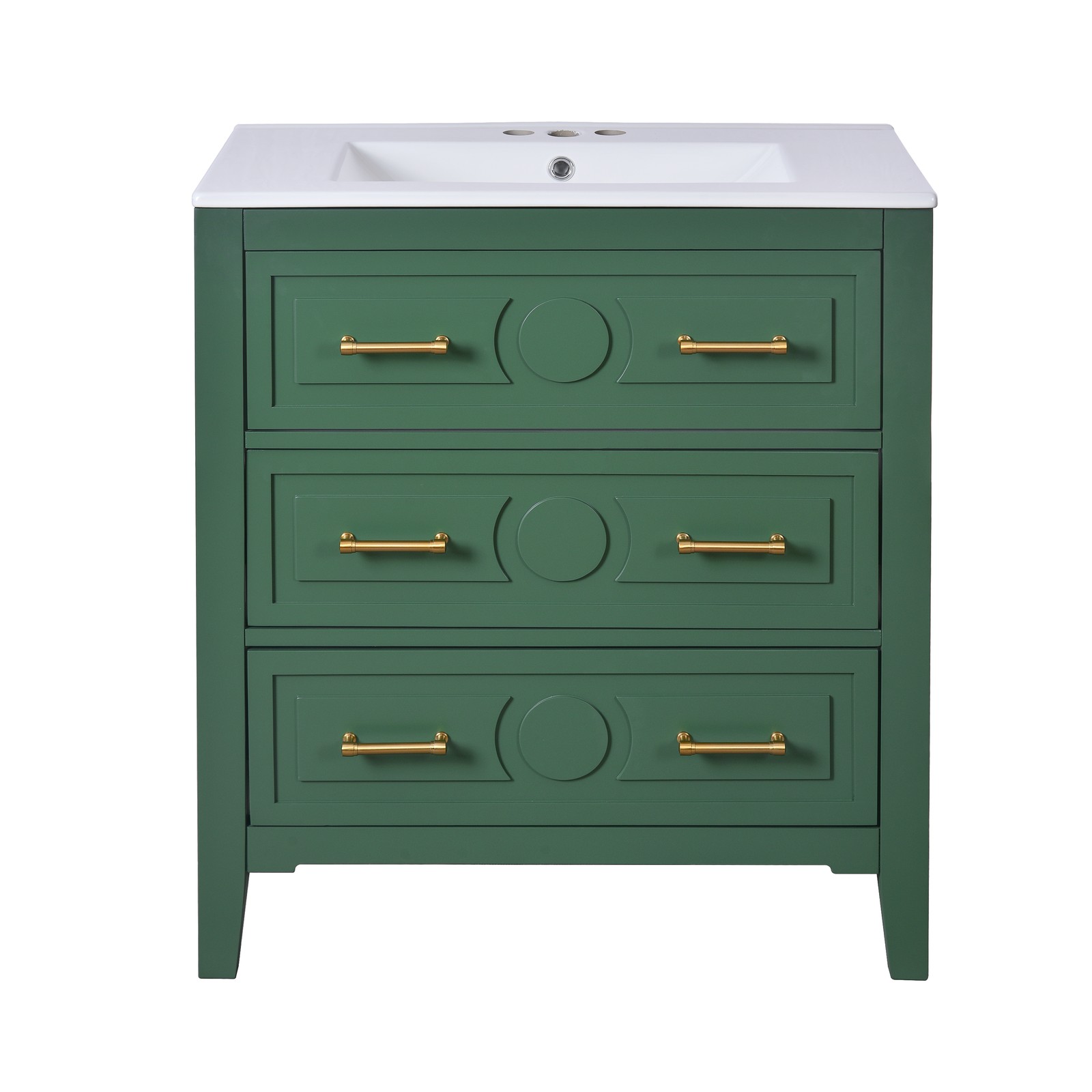 30″ Green Bathroom Vanity with Ceramic Sink, 3 Drawers, Solid Wood