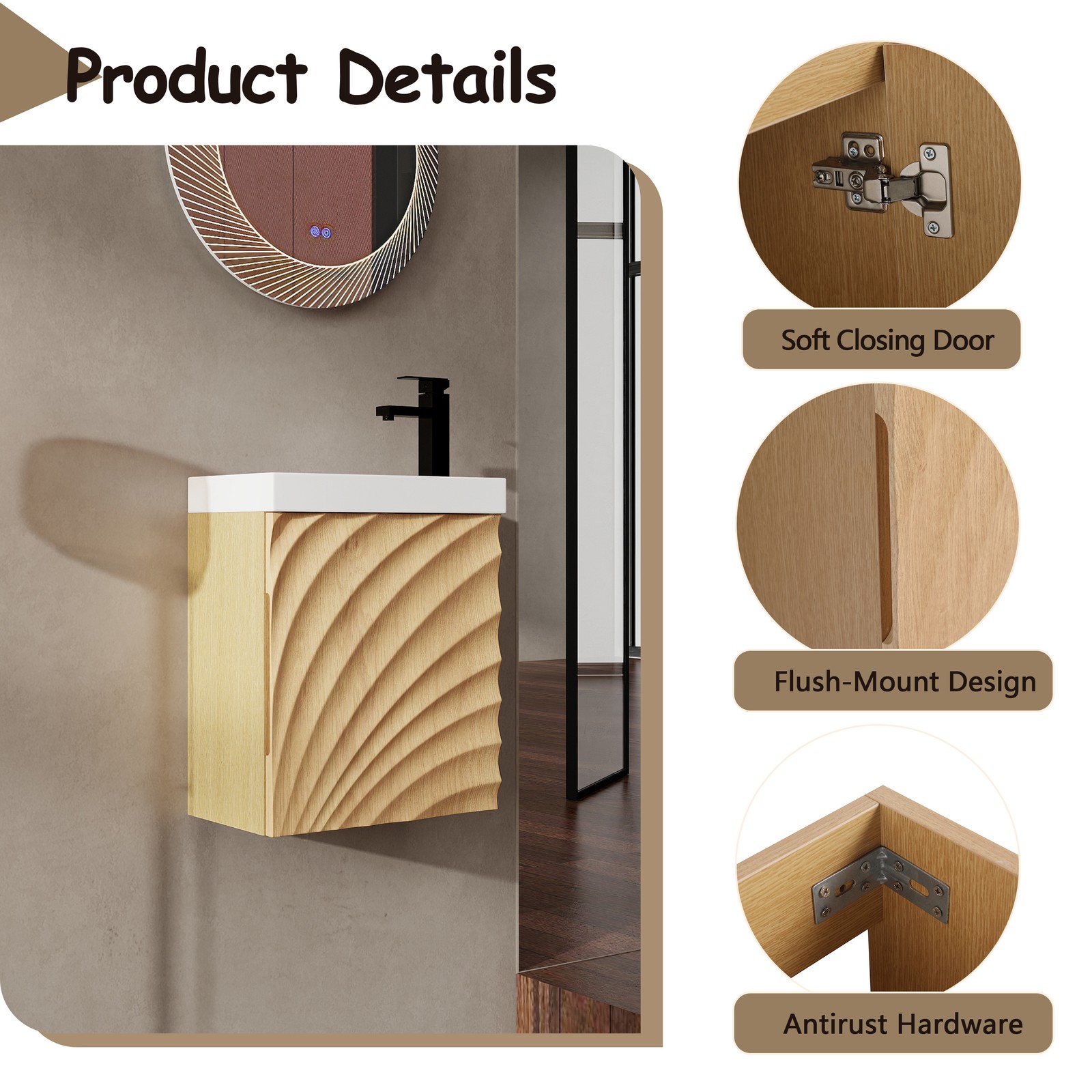 Wall-Mounted Bathroom Vanity w/Resin Sink, Storage Cabinet w/Soft Closed Door
