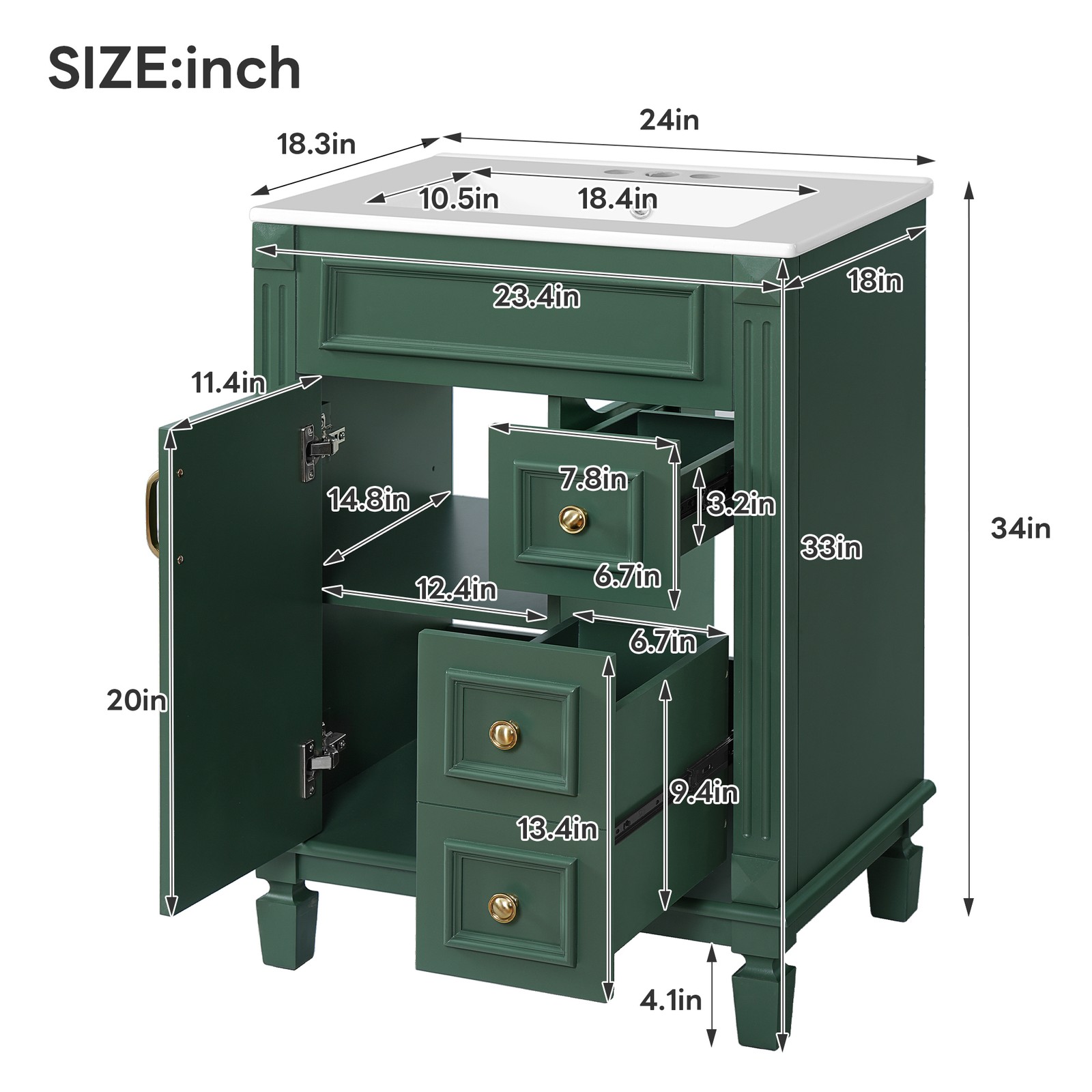 24″ Bathroom Vanity w/Ceramic Sink, Small Bathroom Sink Cabinet with 2 Drawers