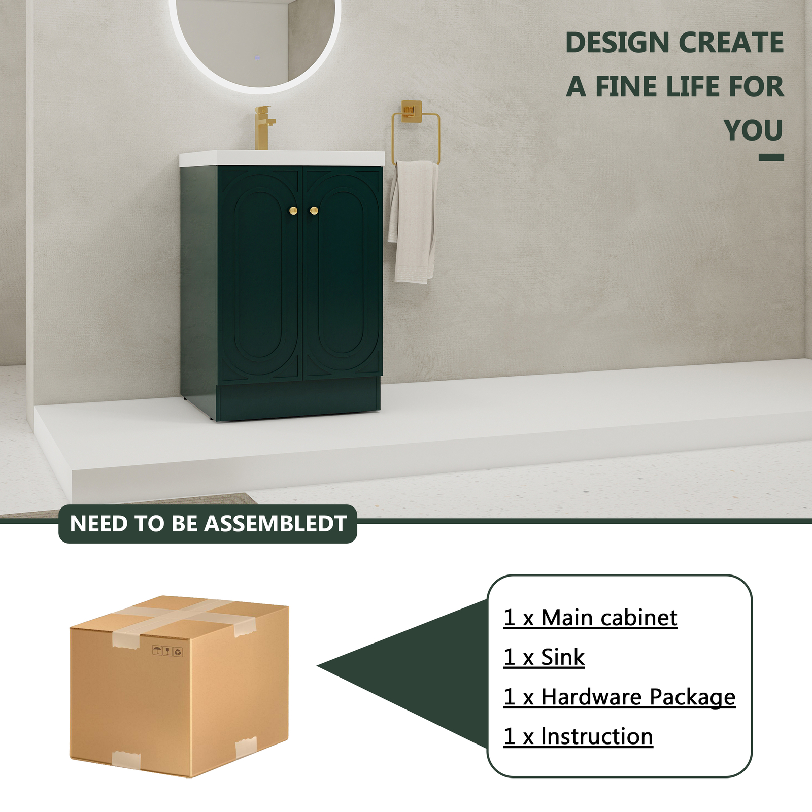 24 inch Plywood Freestanding Bathroom Vanity Cabinet Dark Green Resin Sink Basin