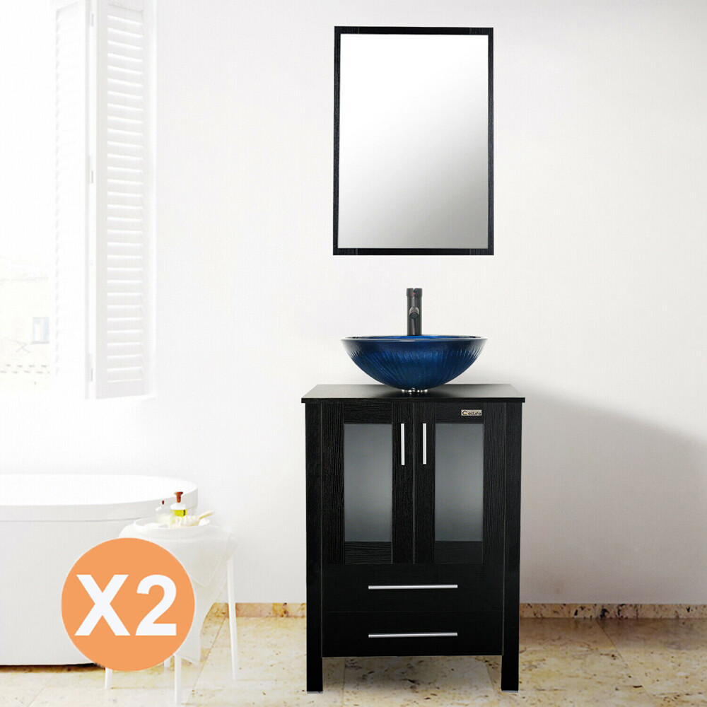 48″ Black Bathroom Vanity Set Cabinet Vessel Glass Ceramic Sink Faucet No Mirror