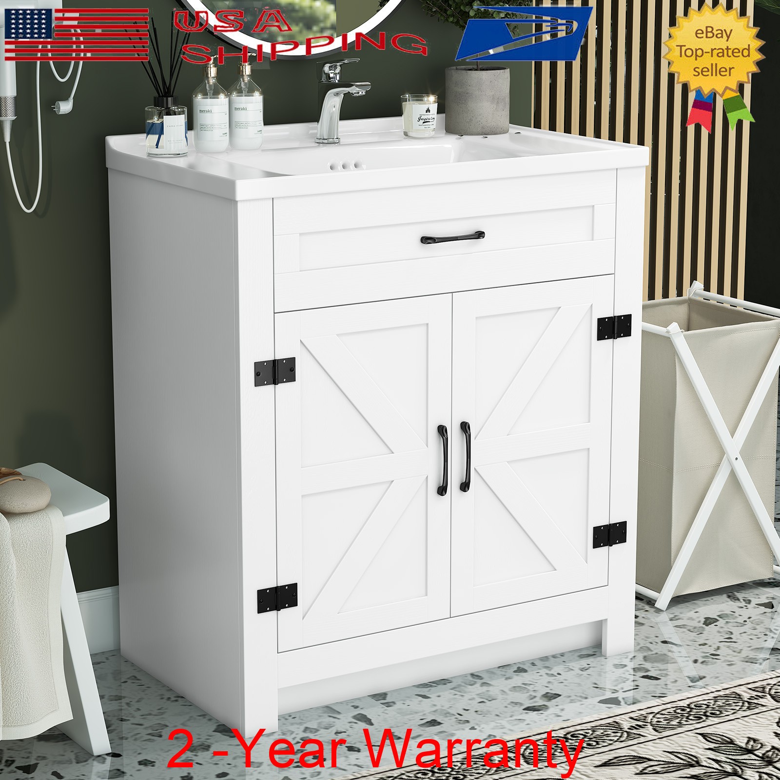 Freestanding Bathroom Vanity w/ Ceramic Sink & Soft-Close Door Storage Cabinet