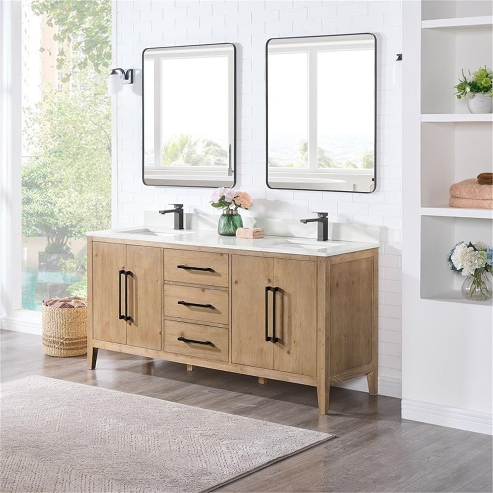 Laurel 72″ Wood Vanity in Weathered Fir Calacatta White Quartz Top with Mirror