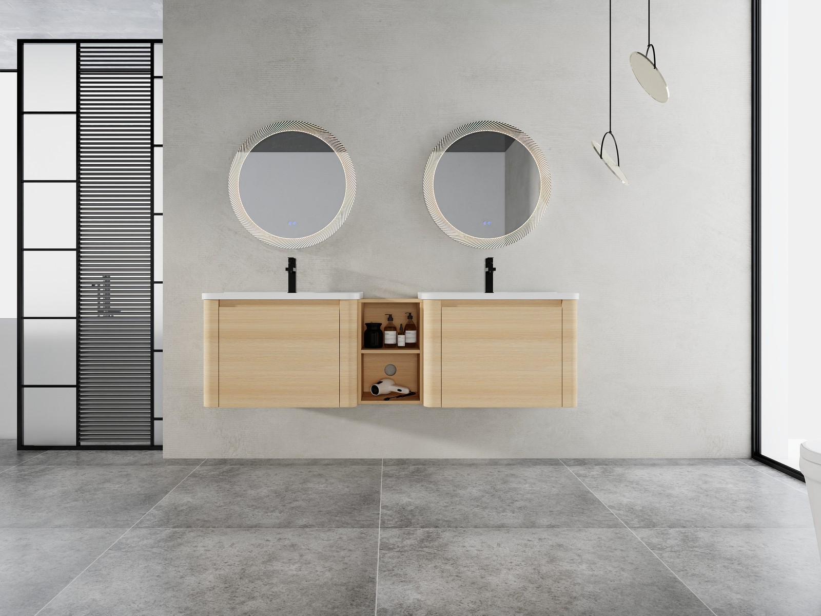 68in Plywood Wall-Mounted Bathroom Vanity W/ 2x White Ceramic Sink and Shelves