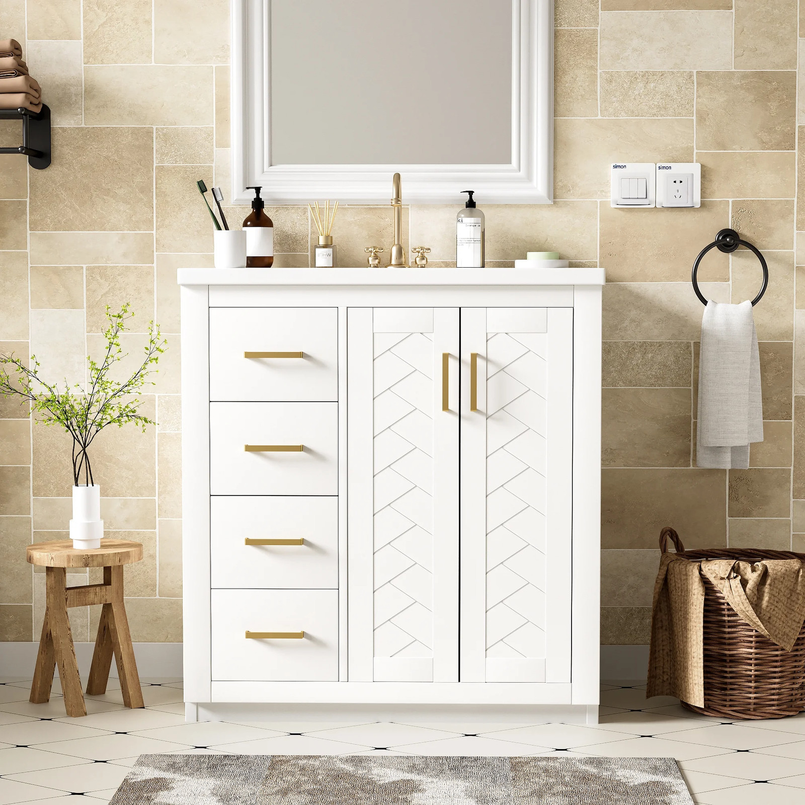 30” Bathroom Vanity w/Ceramic Sink Combo Solid Wood Frame Bathroom Storage Cabi