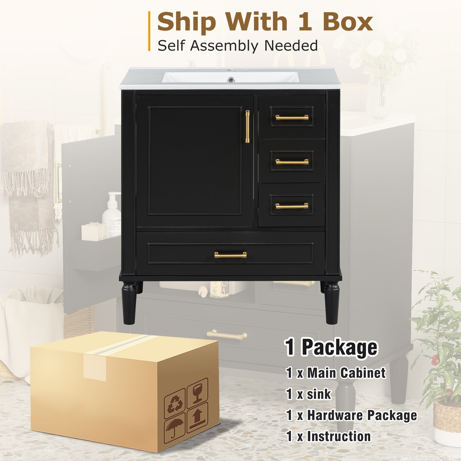 30″ Bathroom Vanity Set Floor Standing Bathroom Storage Cabinet w/Three Drawers