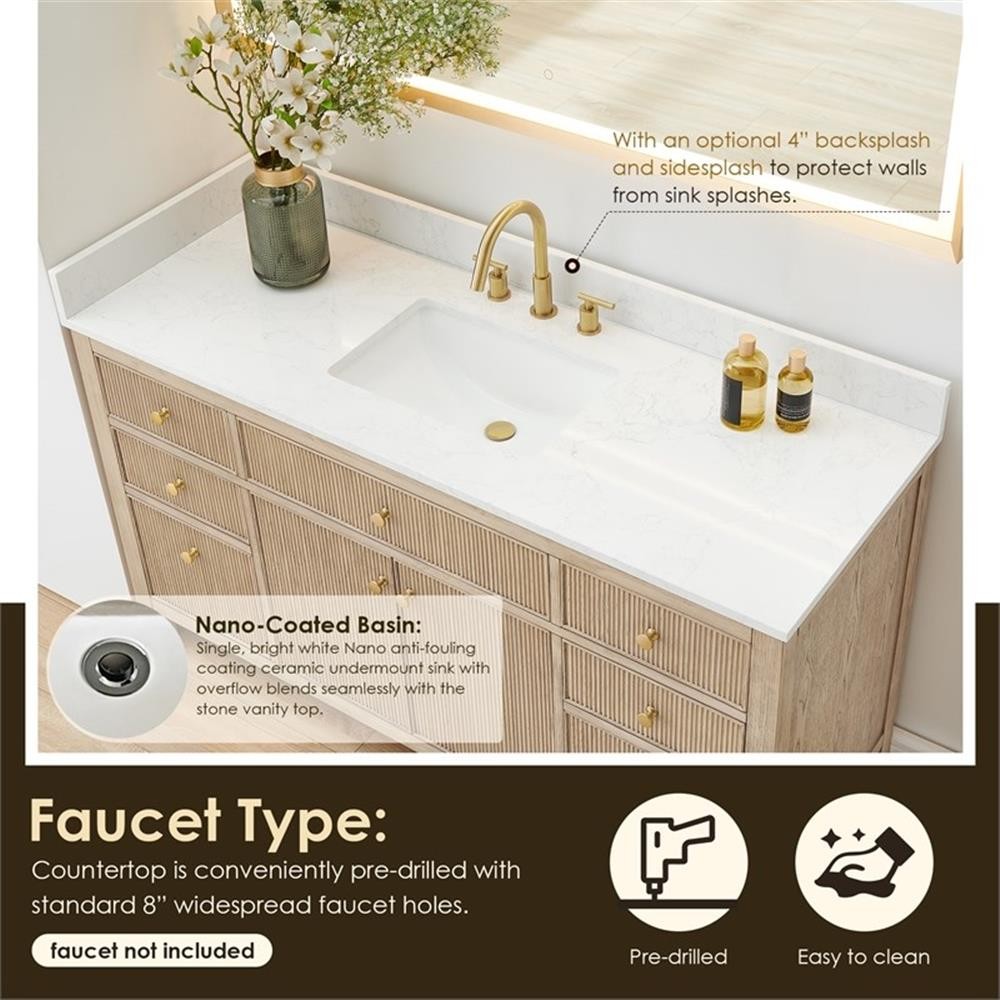 Pemberly Row 60″ Single Wood Vanity in Nature Oak Engineered Stone Top no Mirror