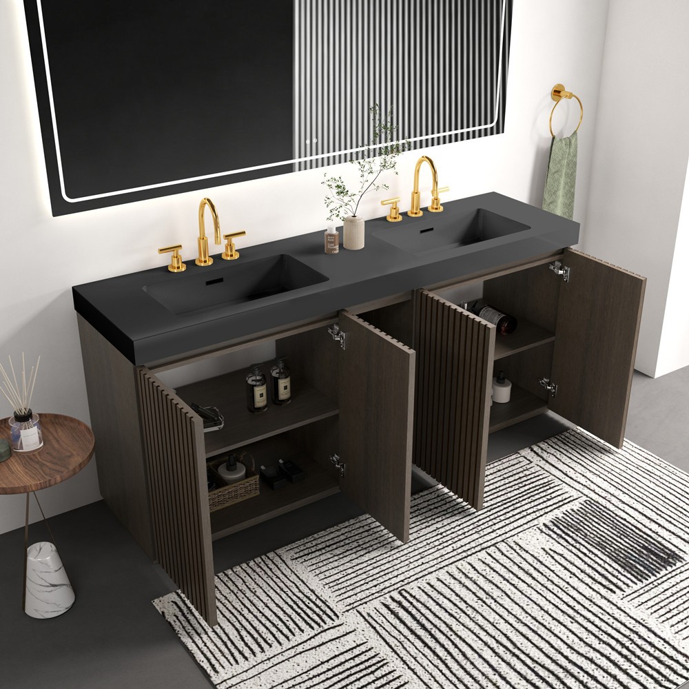72″ Bathroom Vanity w/Double Sink,Freestanding Vanity 4 Door Cabinet, Shelves
