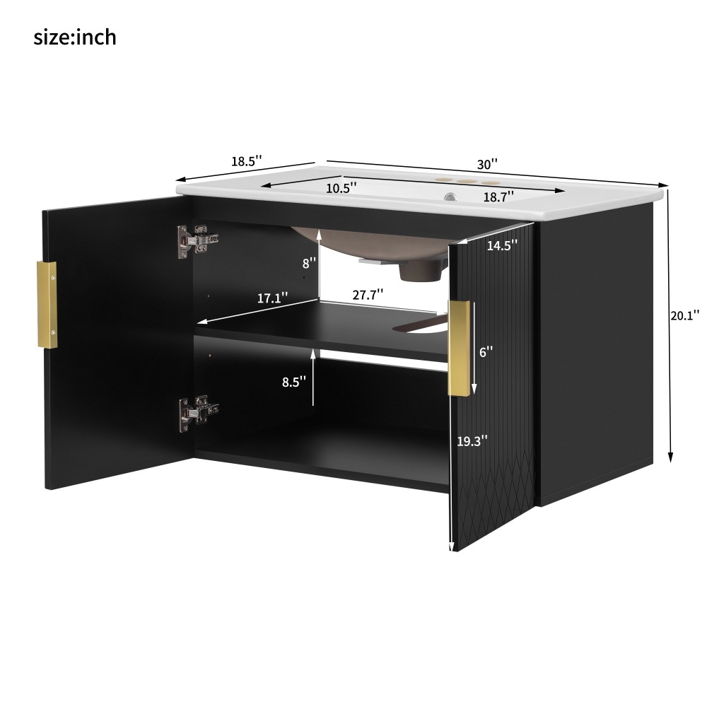 Bathroom Vanity W Ceramic Sink Three-Hole Mounting Features Two Soft-Close Doors