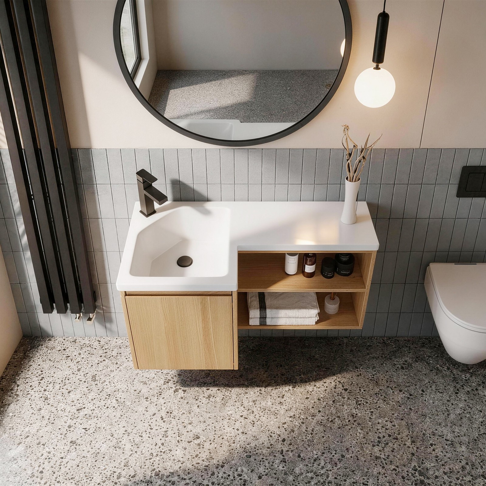 36″ Corner Floating Bathroom Vanity with Integrated Sink, Light Oak
