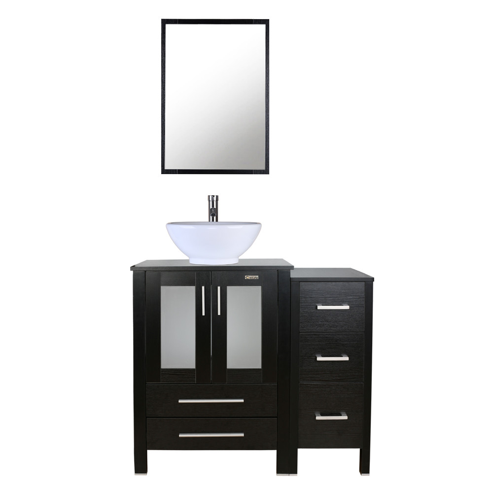 36″ Black Bathroom Vanity W/Small Side Cabinet& Ceramic Vessel Sink Top Modern