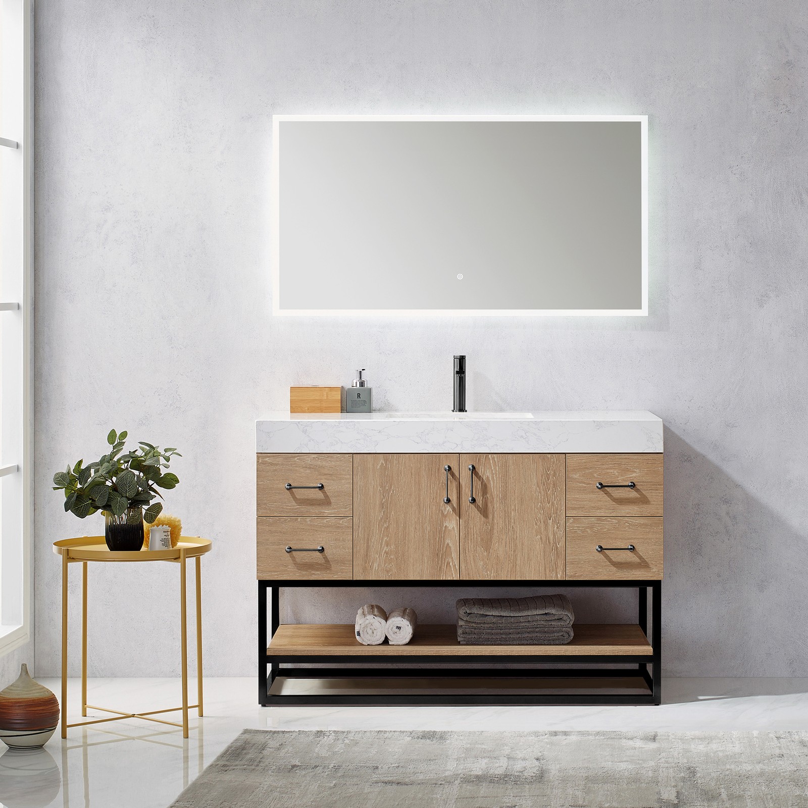 Vinnova Alistair 48″ White Stone Top Oak Single Vanity Black Frame w/o Mirror