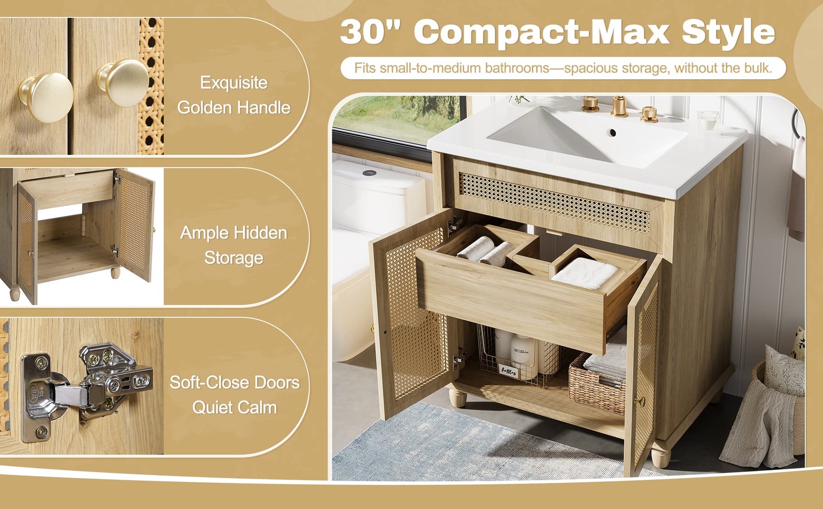 30″ Bathroom Vanity w/Resin Sink,Modern Storage Cabinet w/Solid Wood Legs