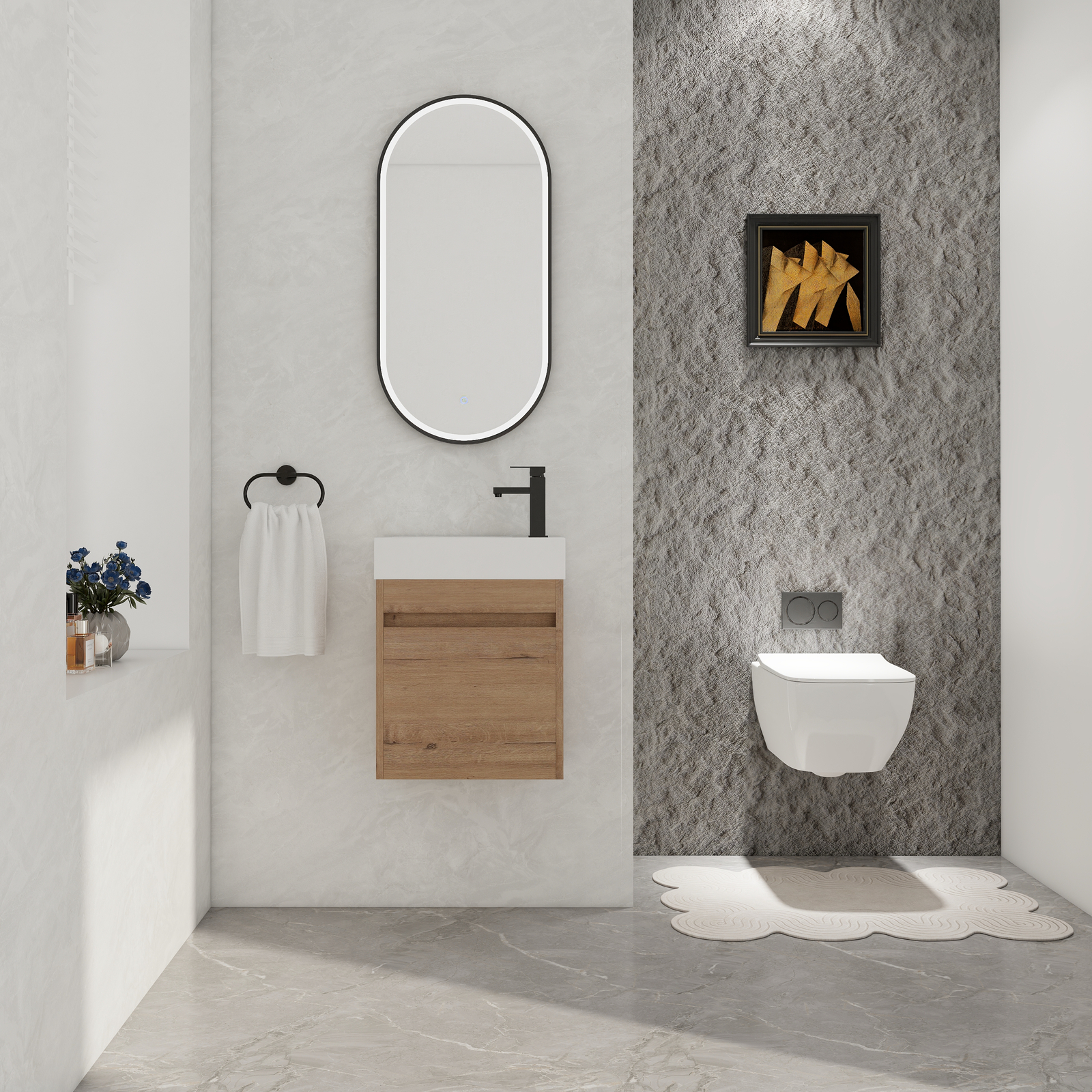 18in Wall Mounted Floating Bathroom Vanity Cabinet W/Resin Sink Oak Small Space