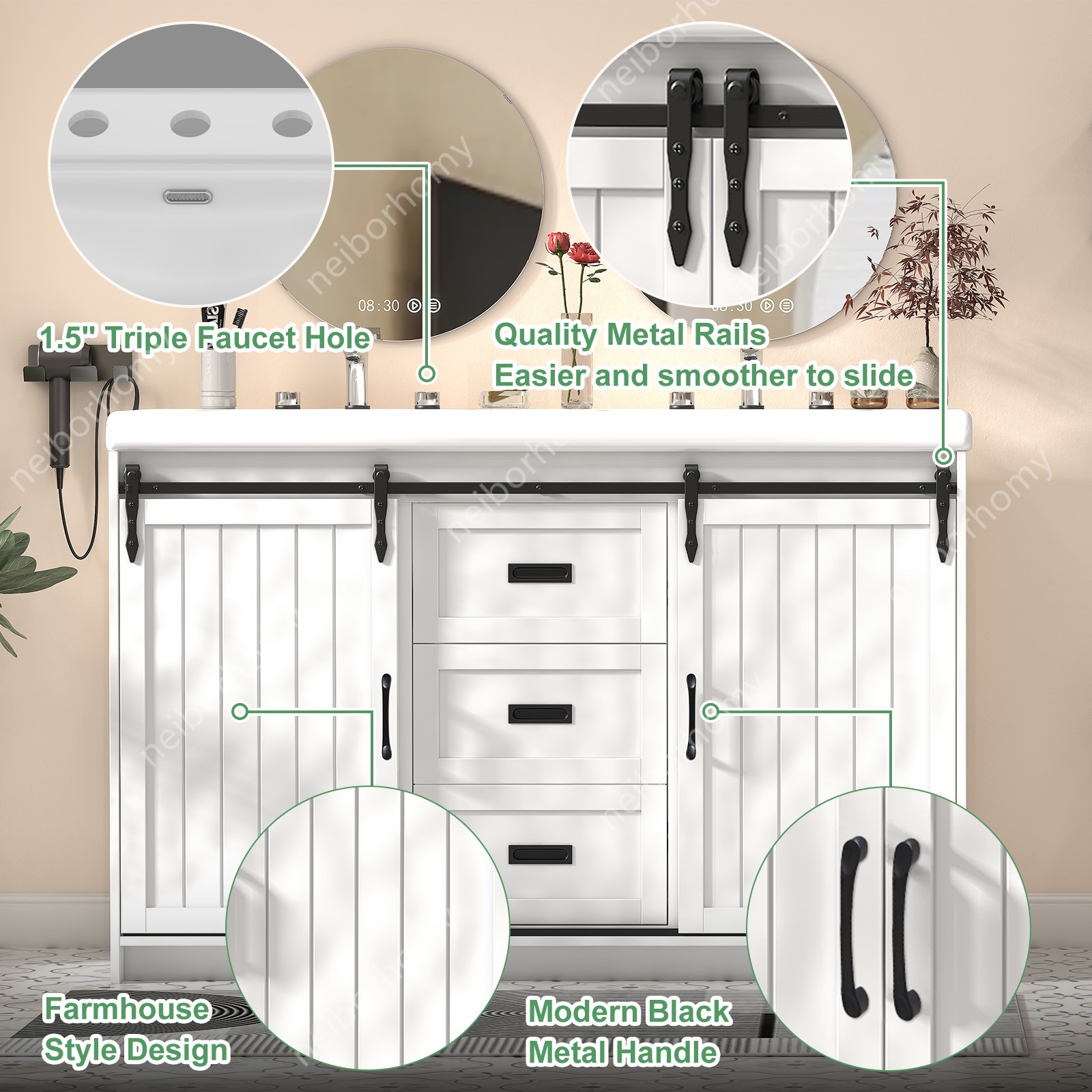 47″ Bathroom Double Sink Vanity Cabinet Ceramic Vessel Double Sink Cabinet White