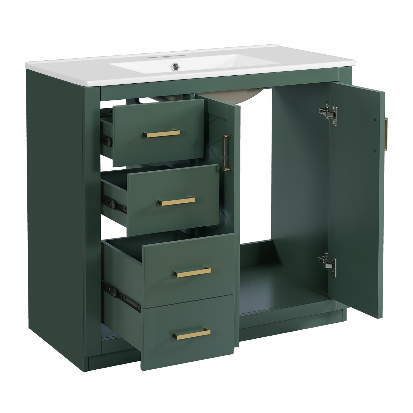 36″ Bathroom Vanity with Ceramic Sink, Solid Wood Frame, 3 Drawers
