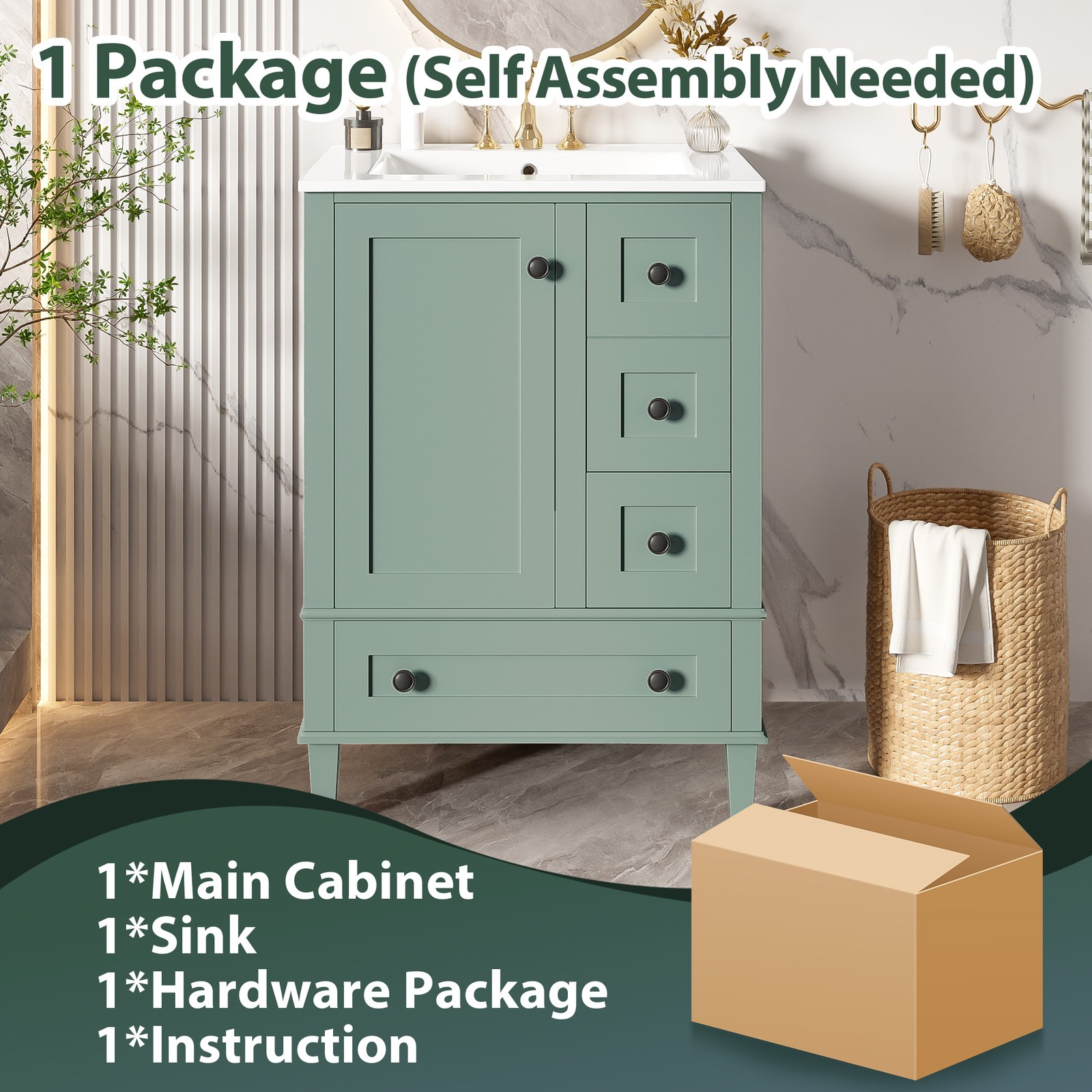 24″ Wood Bathroom Vanity Storage Cabinet with Ceramic Sink & Soft-Close Drawers