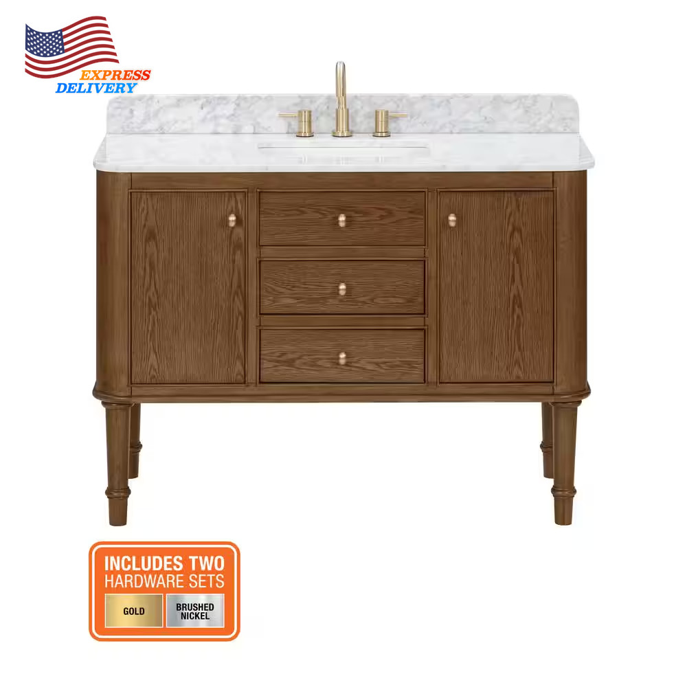 48 In. Single Sink Cinnamon Oak Bath Vanity White Carrara Marble Top (Assembled)