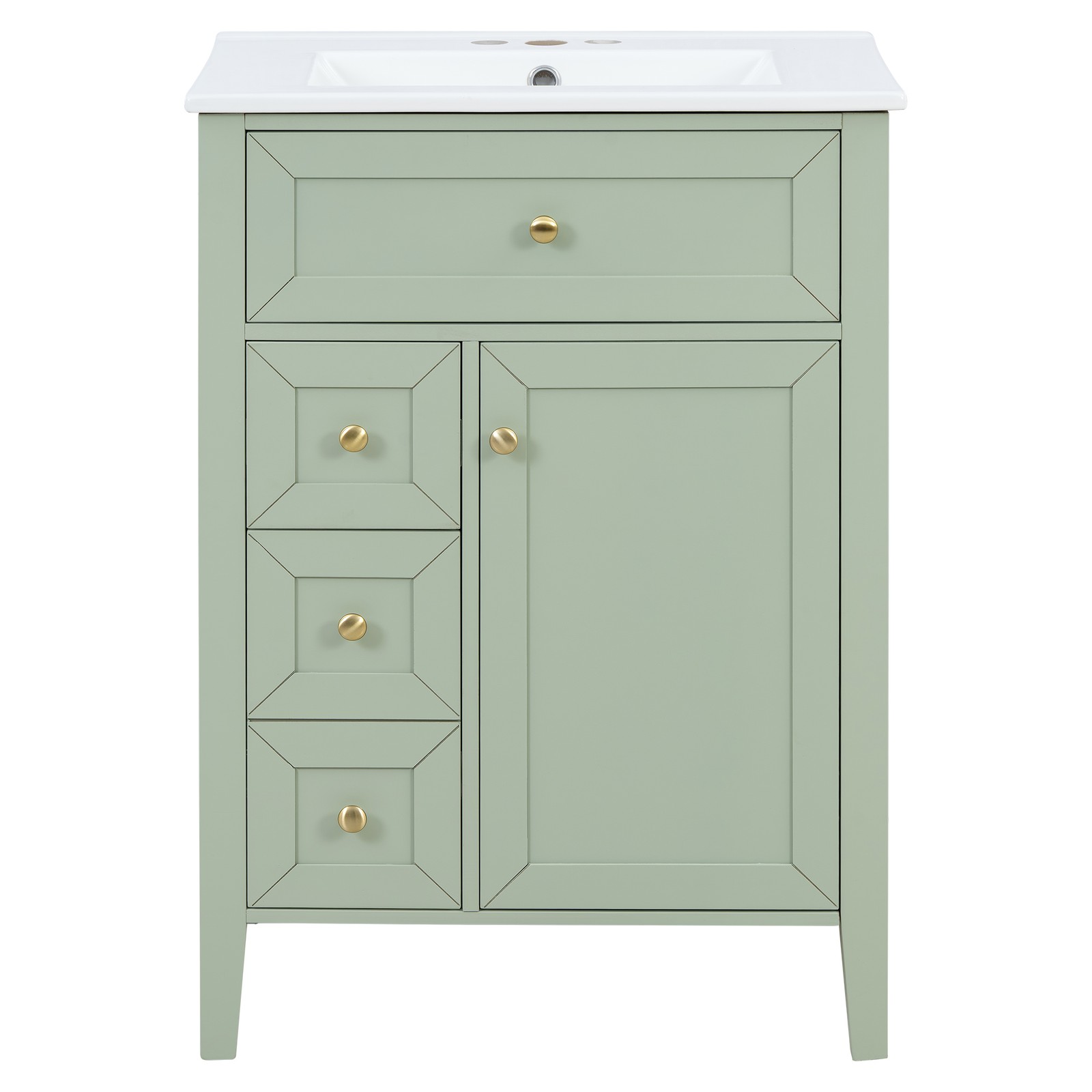 24″ Light Green Bathroom Vanity with Ceramic Sink and Storage Drawers