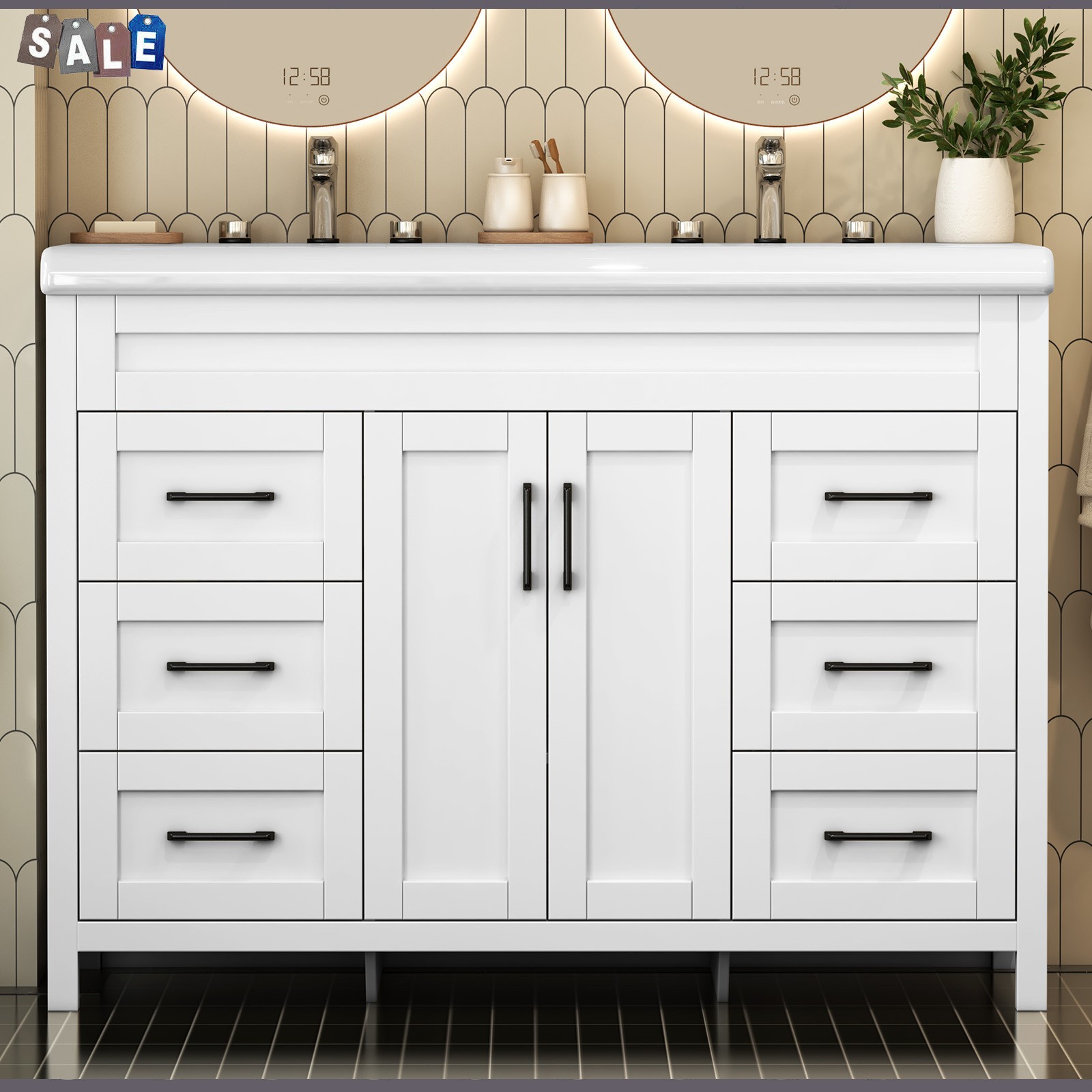 White Bathroom Vanity Double Sink Freestanding Cabinet with Storage Drawers